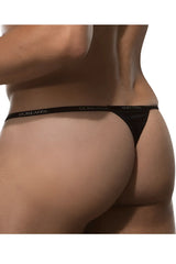 Black doreanse 1390-blk aire thong with smooth stretchy fabric and subtle logo on waistband front view