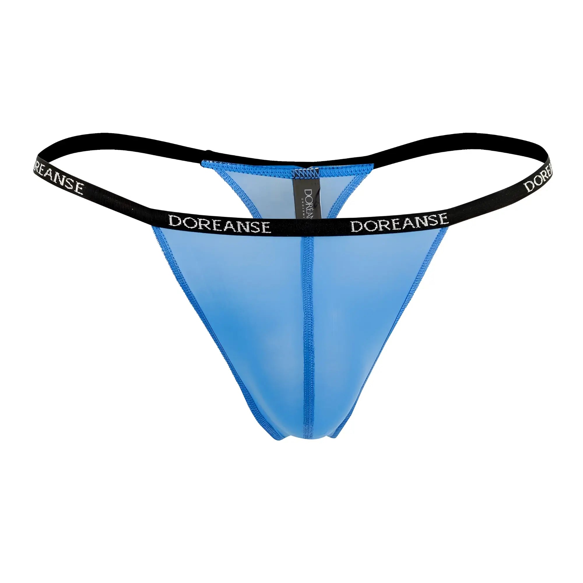 Doreanse 1390-blu aire thong in cobalt blue sheer fabric with black elastic waistband featuring doreanse branding