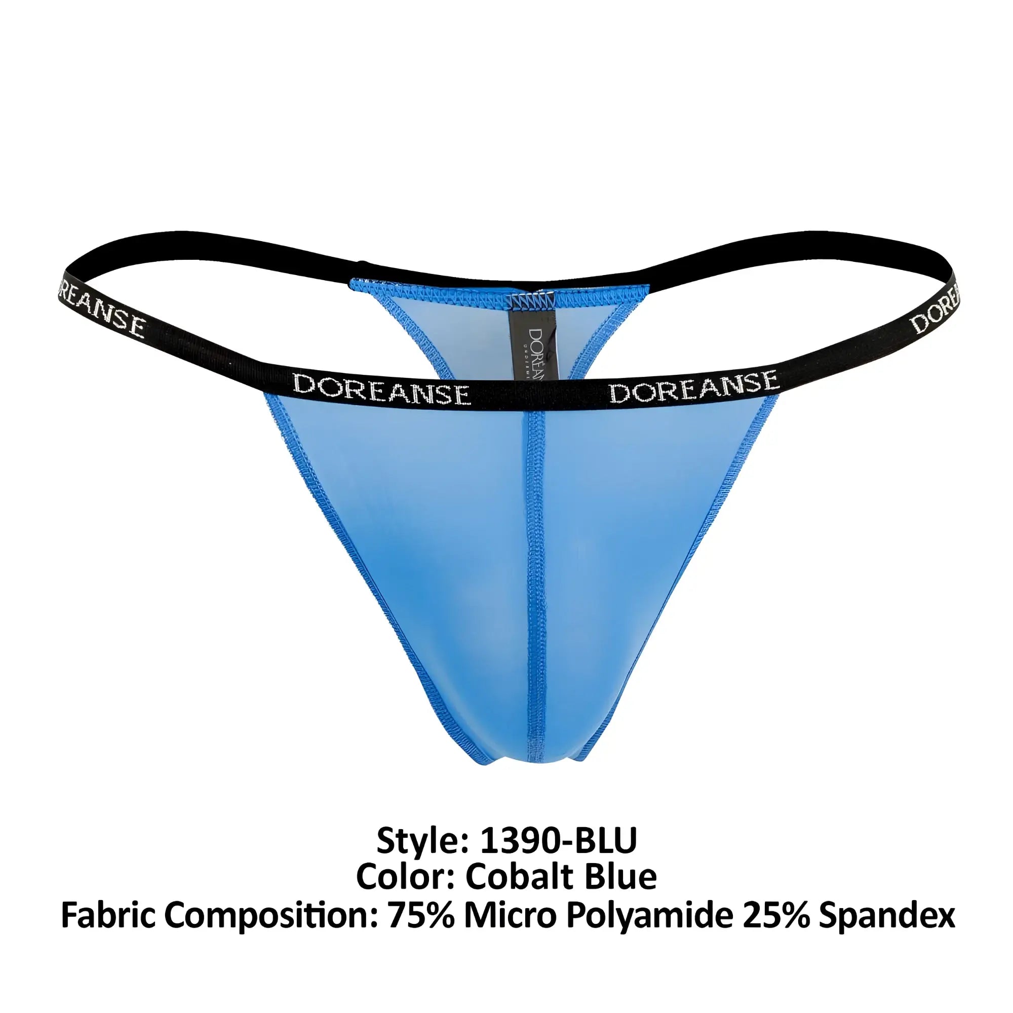 Cobalt blue doreanse 1390-BLU aire thong with black elastic waistband featuring doreanse branding in white letters