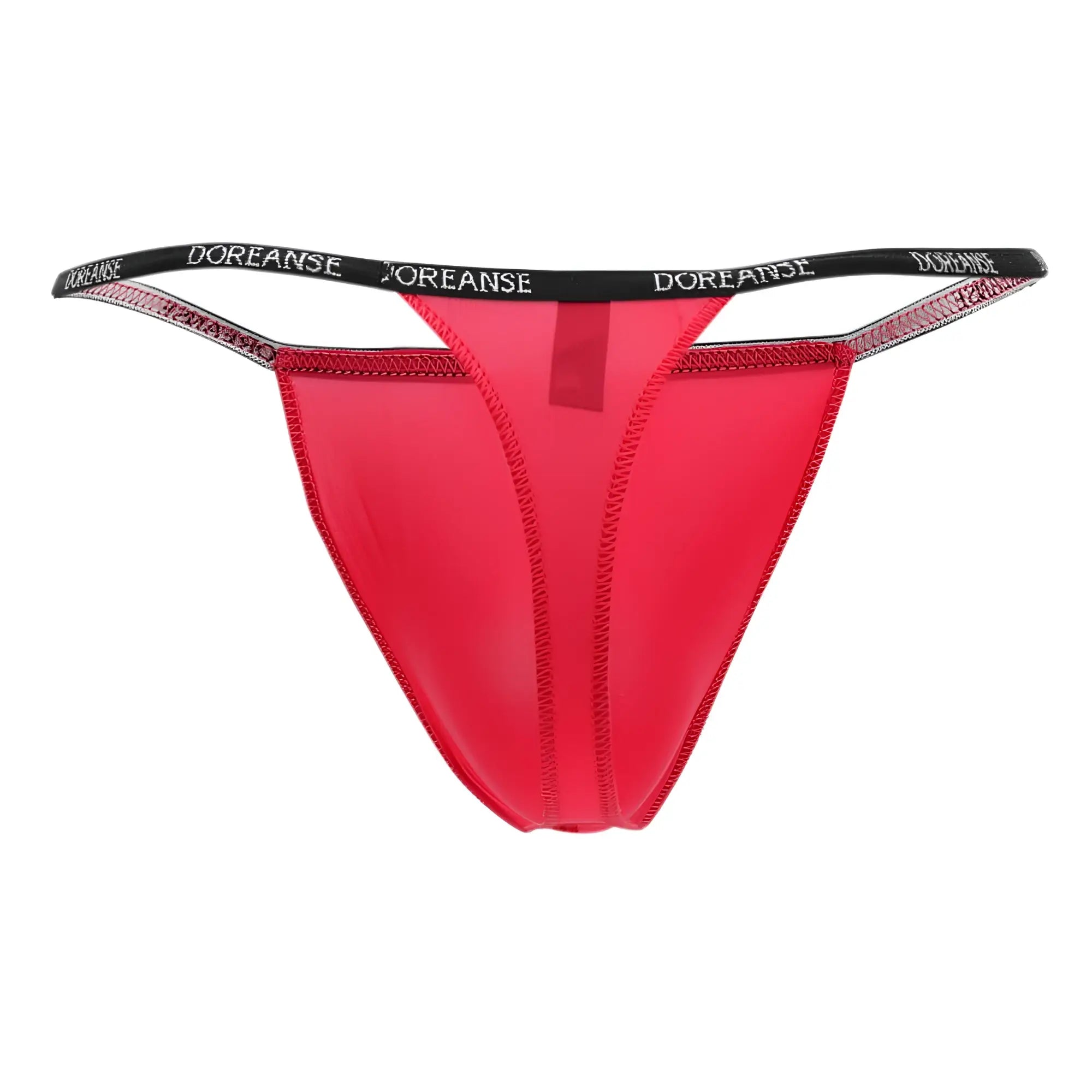 Red doreanse 1390-RED aire thong with black elastic waistband featuring white brand name lettering