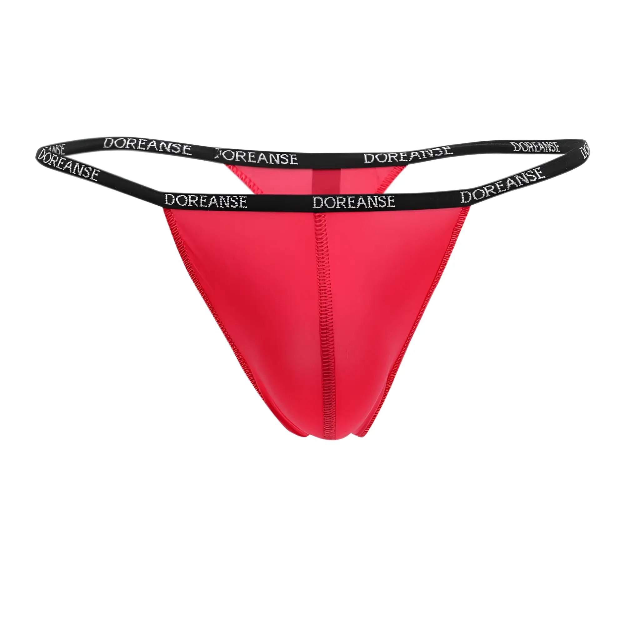 Bright red Doreanse 1390 red aire thong with black elastic waistband and white Doreanse branding on front side