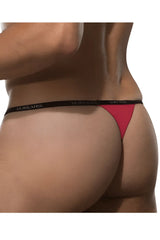Red doreanse 1390-red aire thong with black elastic waistband featuring brand name in white lettering
