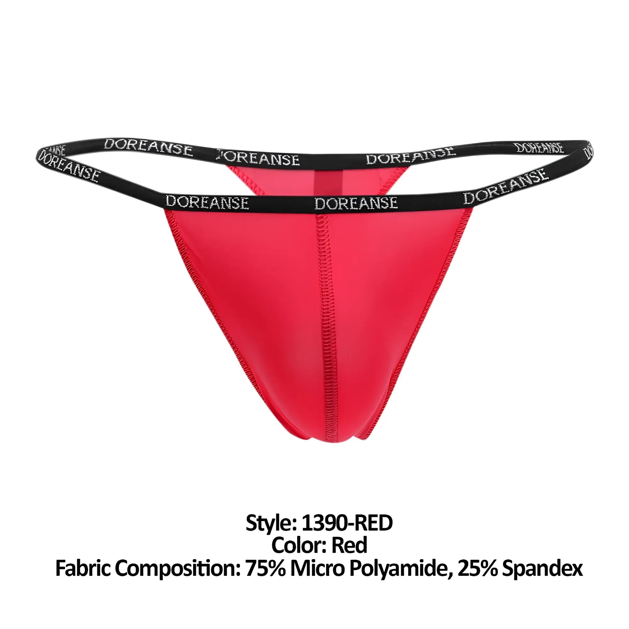 Red doreanse 1390-RED aire thong with black elastic waistband featuring white brand name lettering