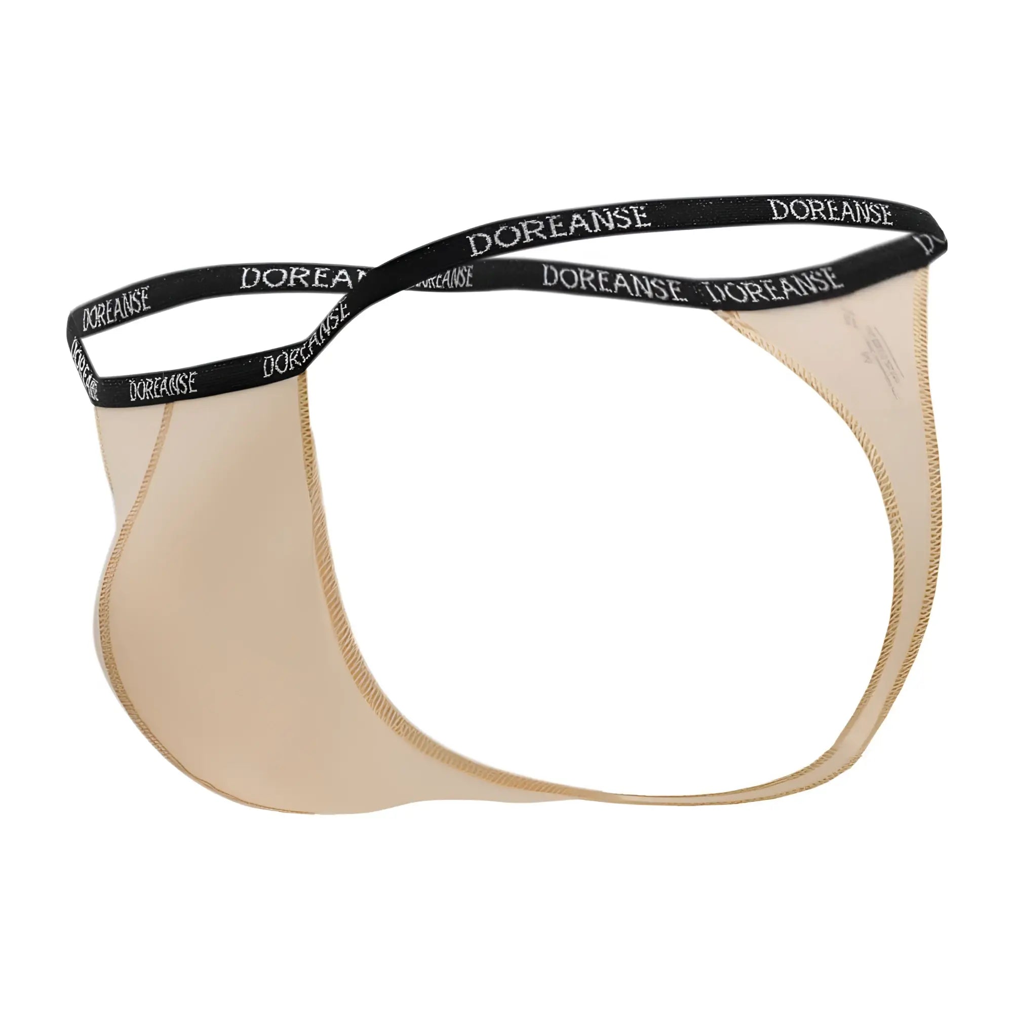 Beige doreanse 1390-tan aire thong with black elastic waistband and white brand lettering in tan color