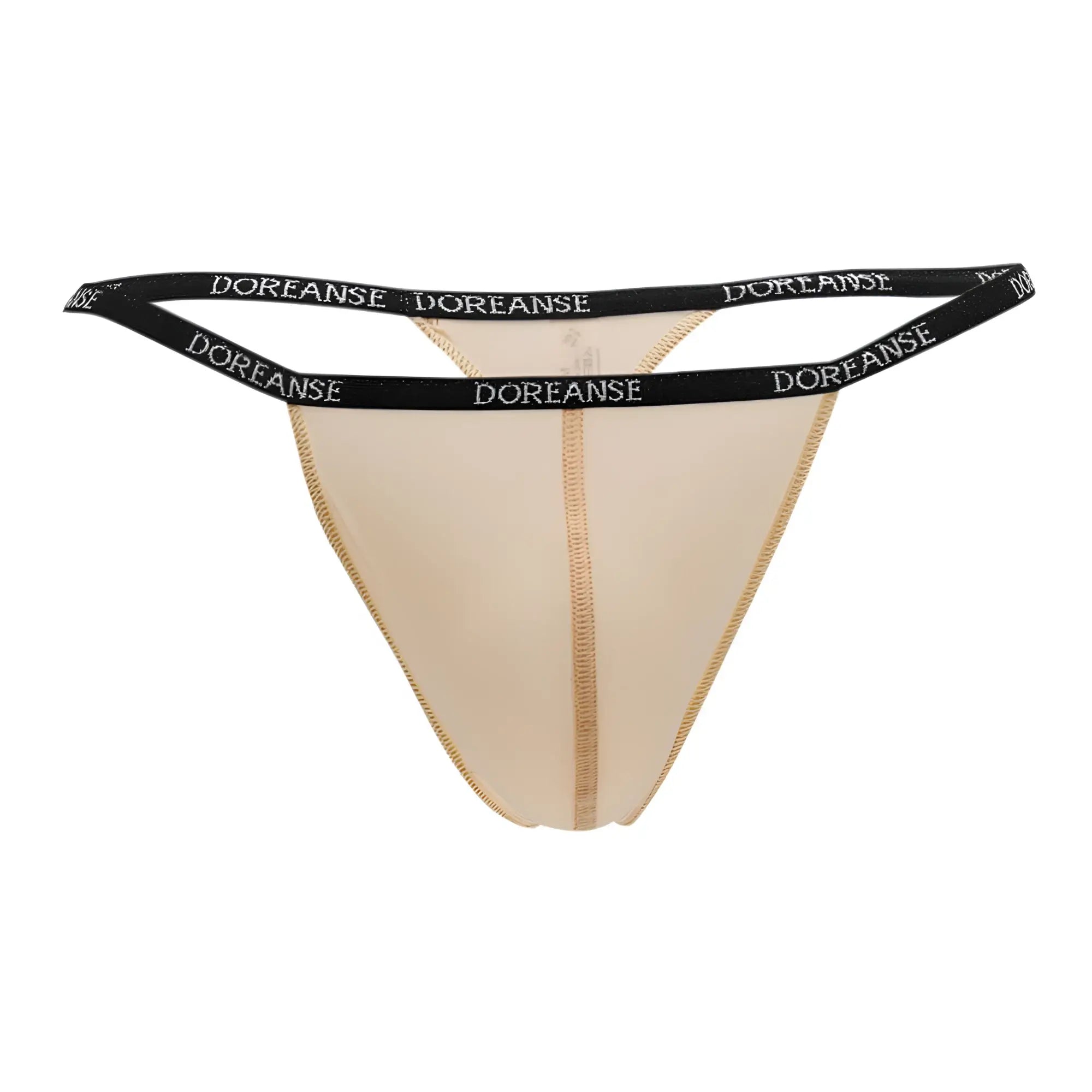 Beige doreanse 1390-tan aire thong with black elastic waistband featuring repeating white brand logo in tan color