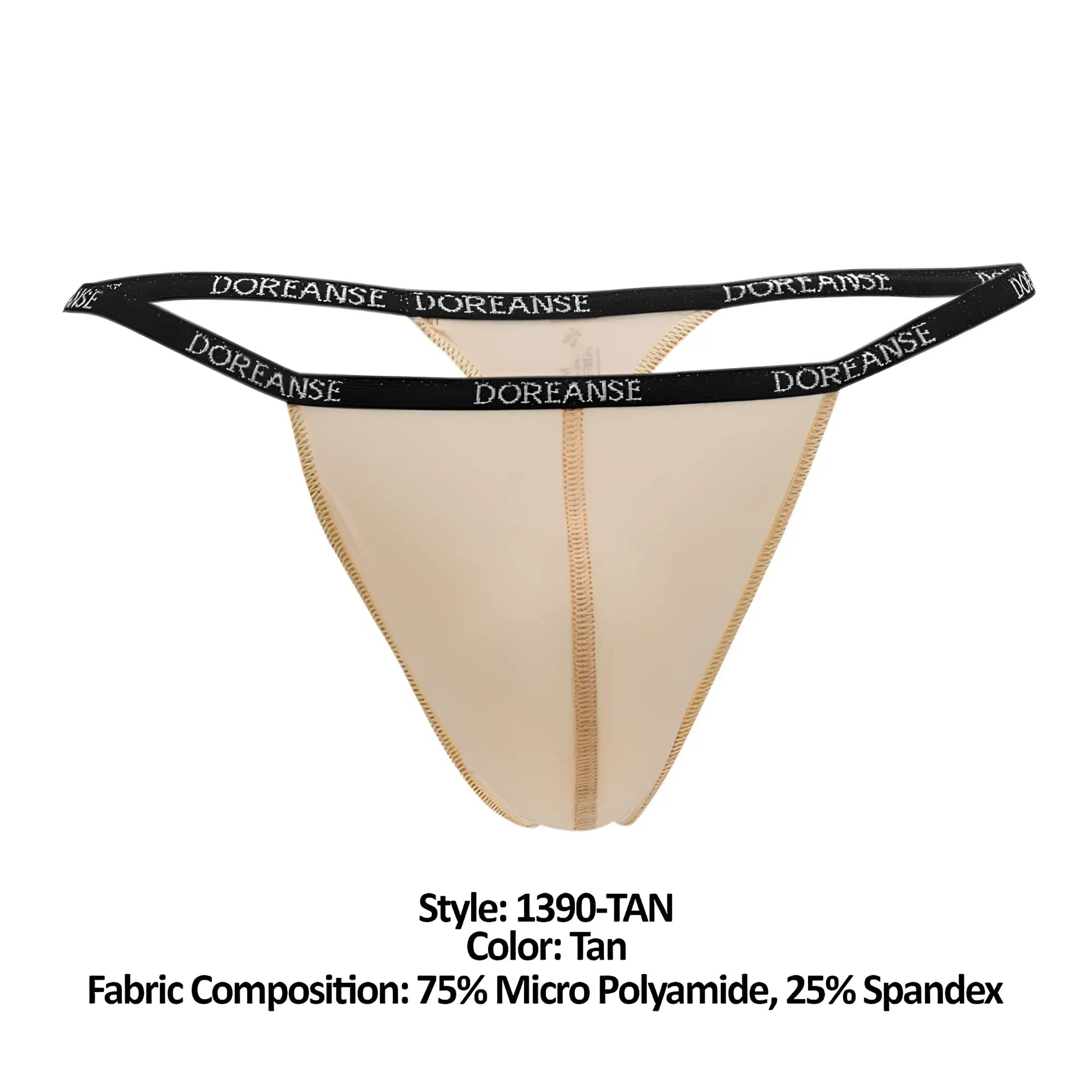 Tan doreanse 1390-tan aire thong with black elastic waistband featuring white brand name lettering front view