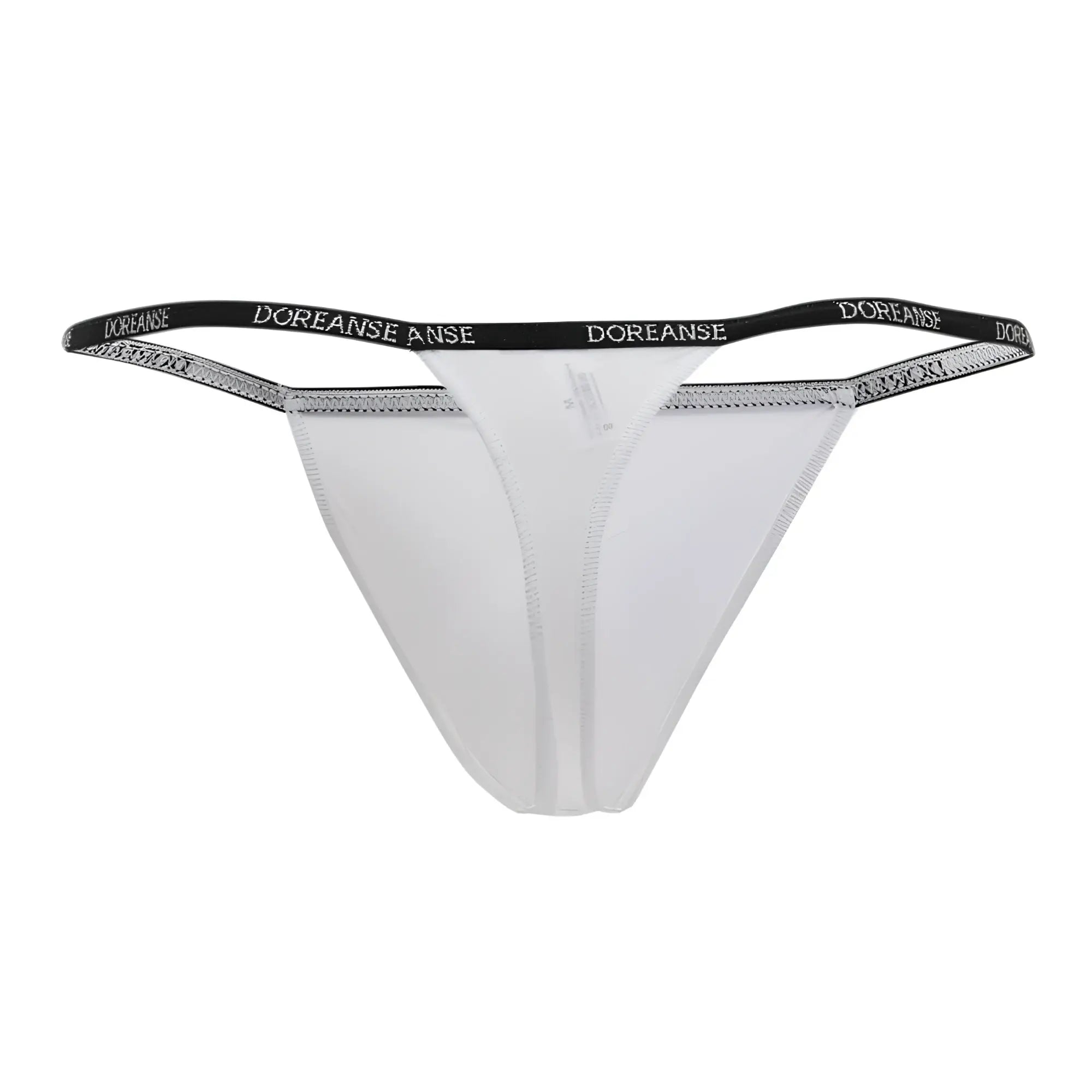 White doreanse 1390-wht aire thong with black elastic waistband and silver brand name lettering
