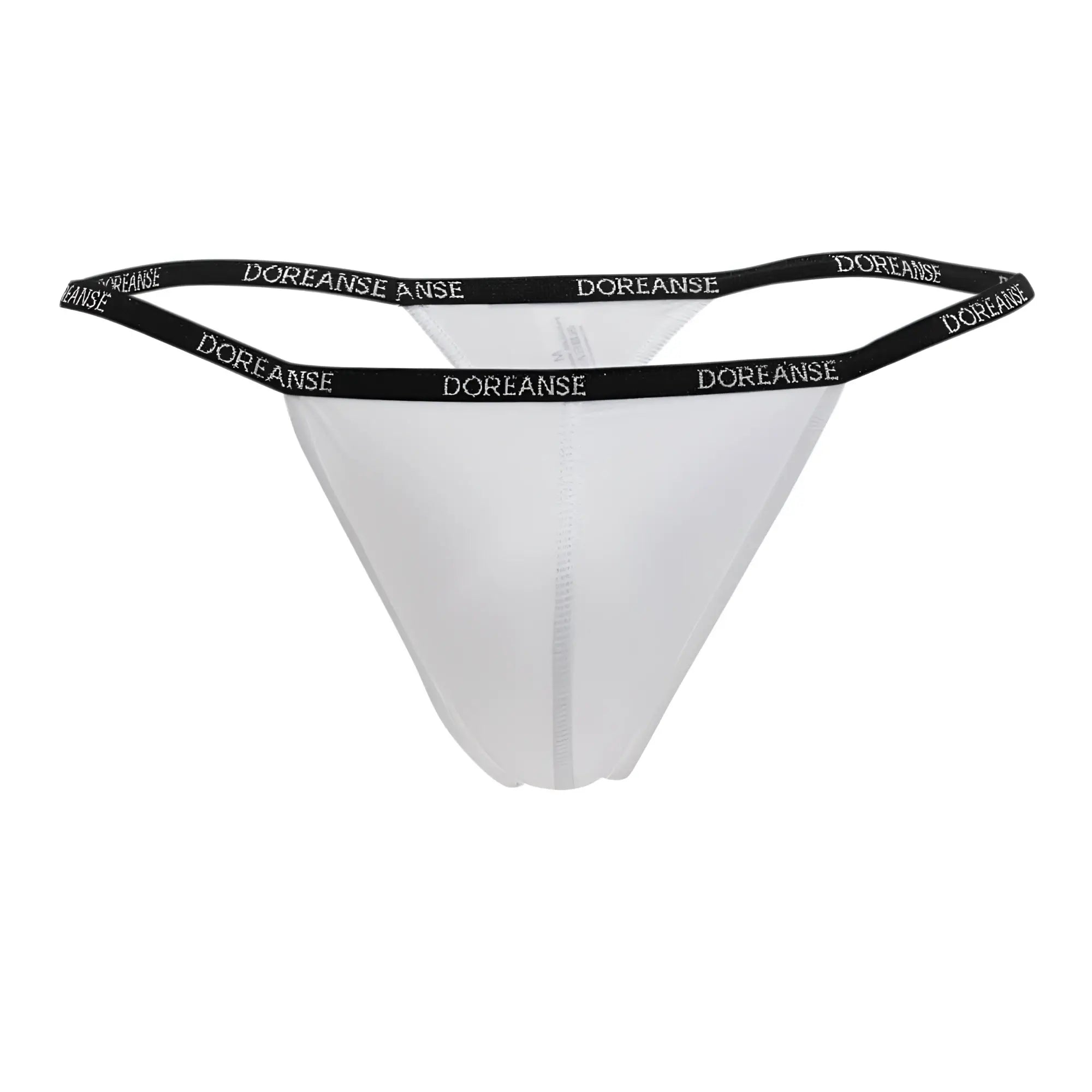 White doreanse 1390-wht aire thong with black elastic waistband featuring doreanse brand name in white lettering