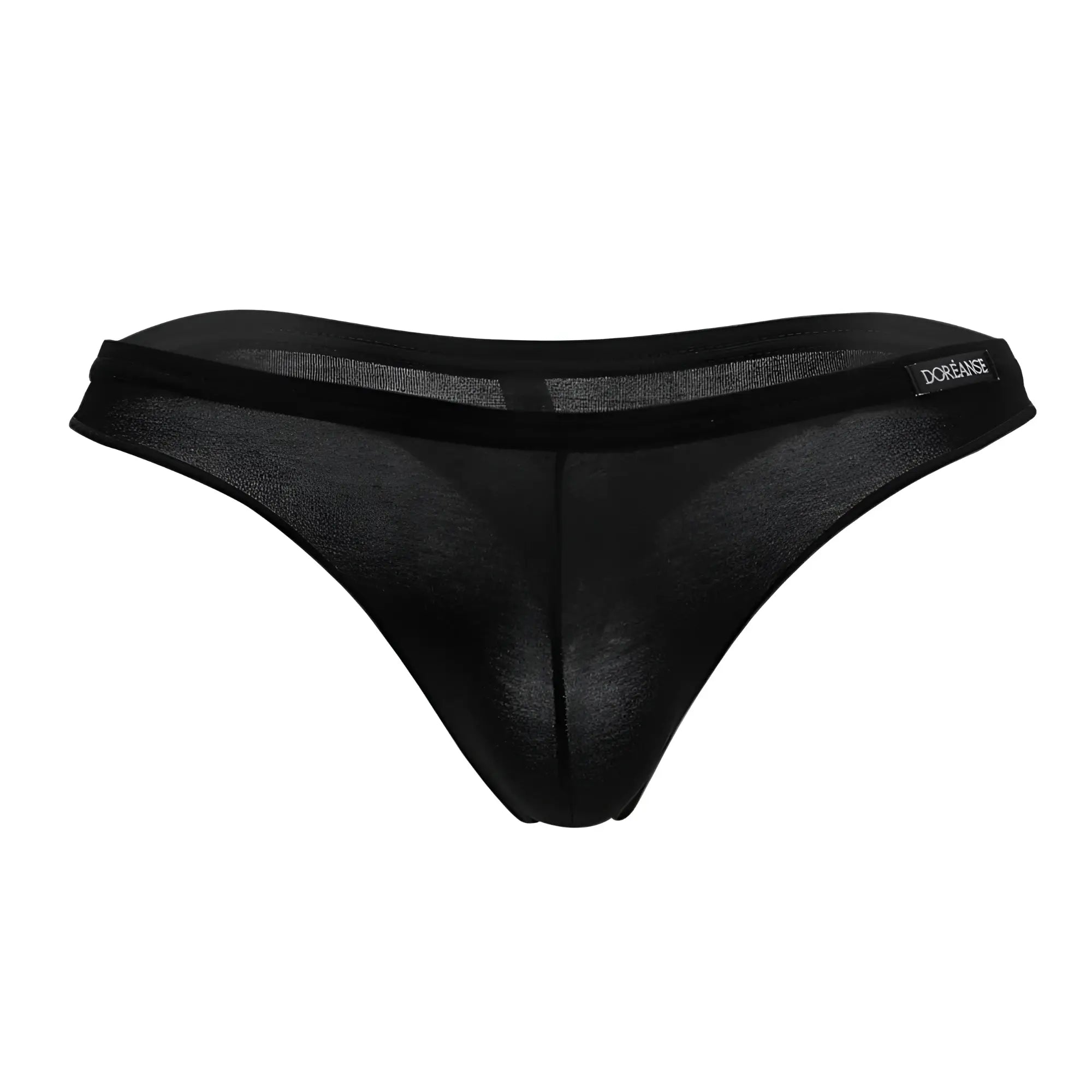 Black sheer mesh euro thong with solid black waistband and dorange embroidery in color black