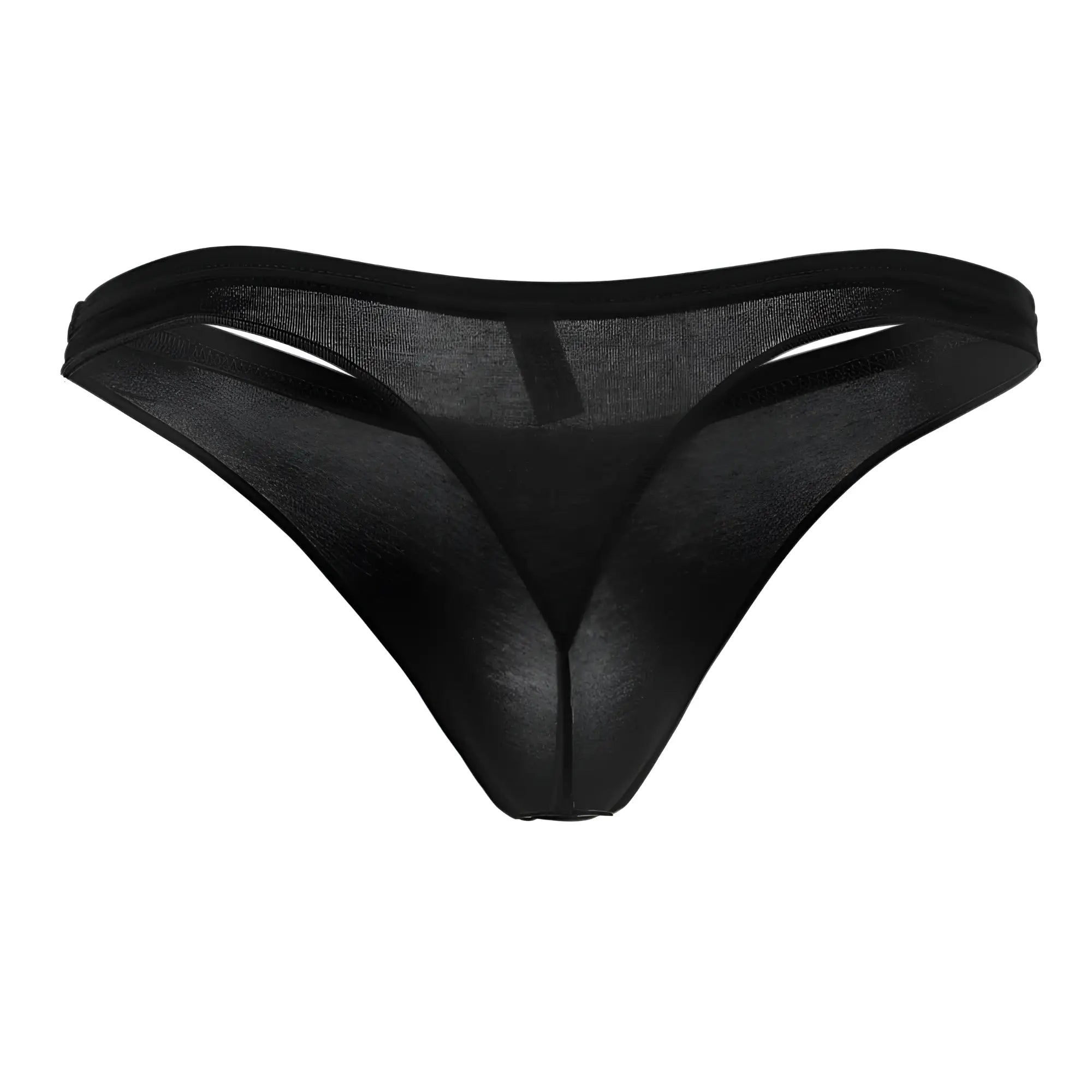 Black sheer mesh thong with solid black waistband showing the front from doreanse 1392-BLK euro thong color black