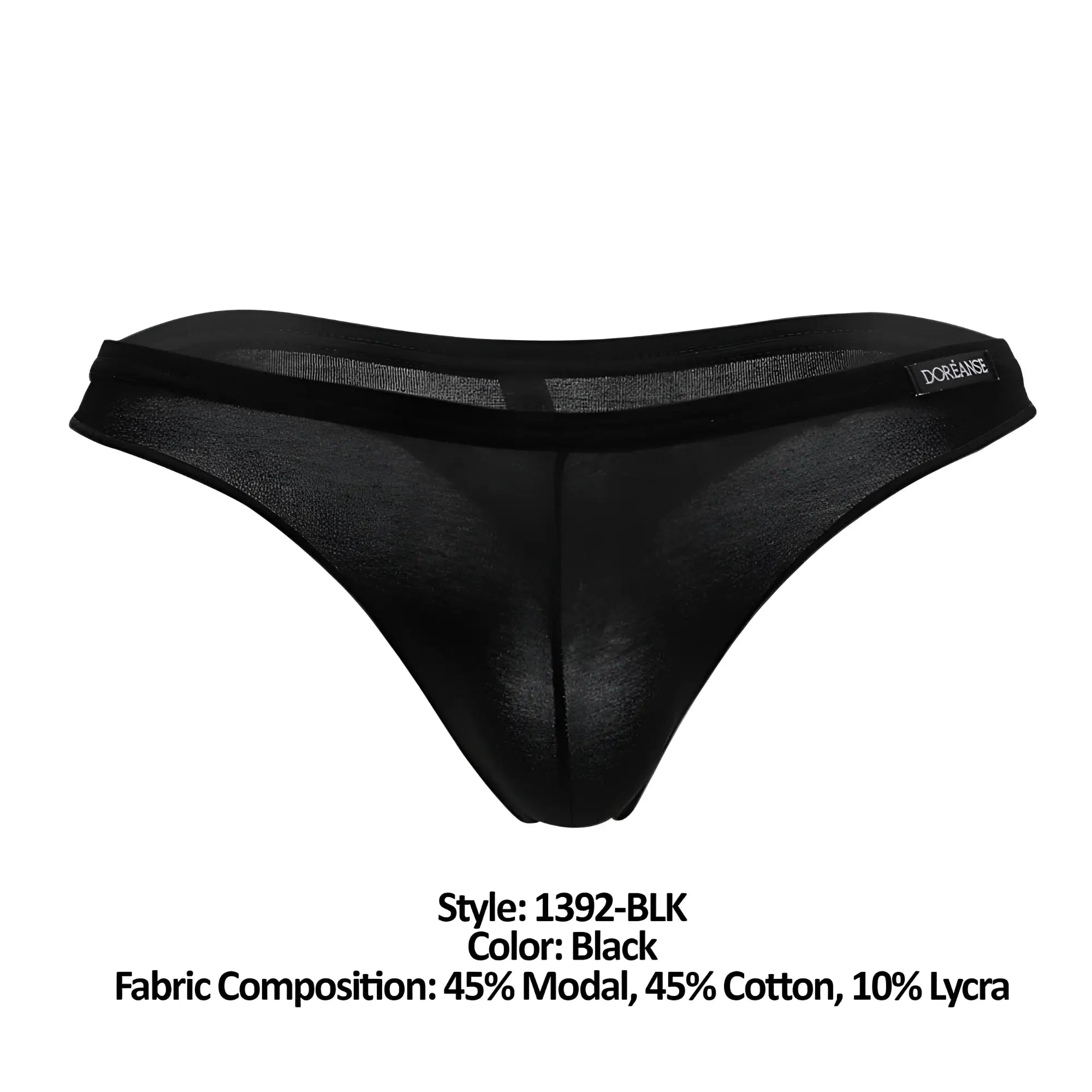 Black sheer euro thong with solid waistband featuring doreanse brand label in color black
