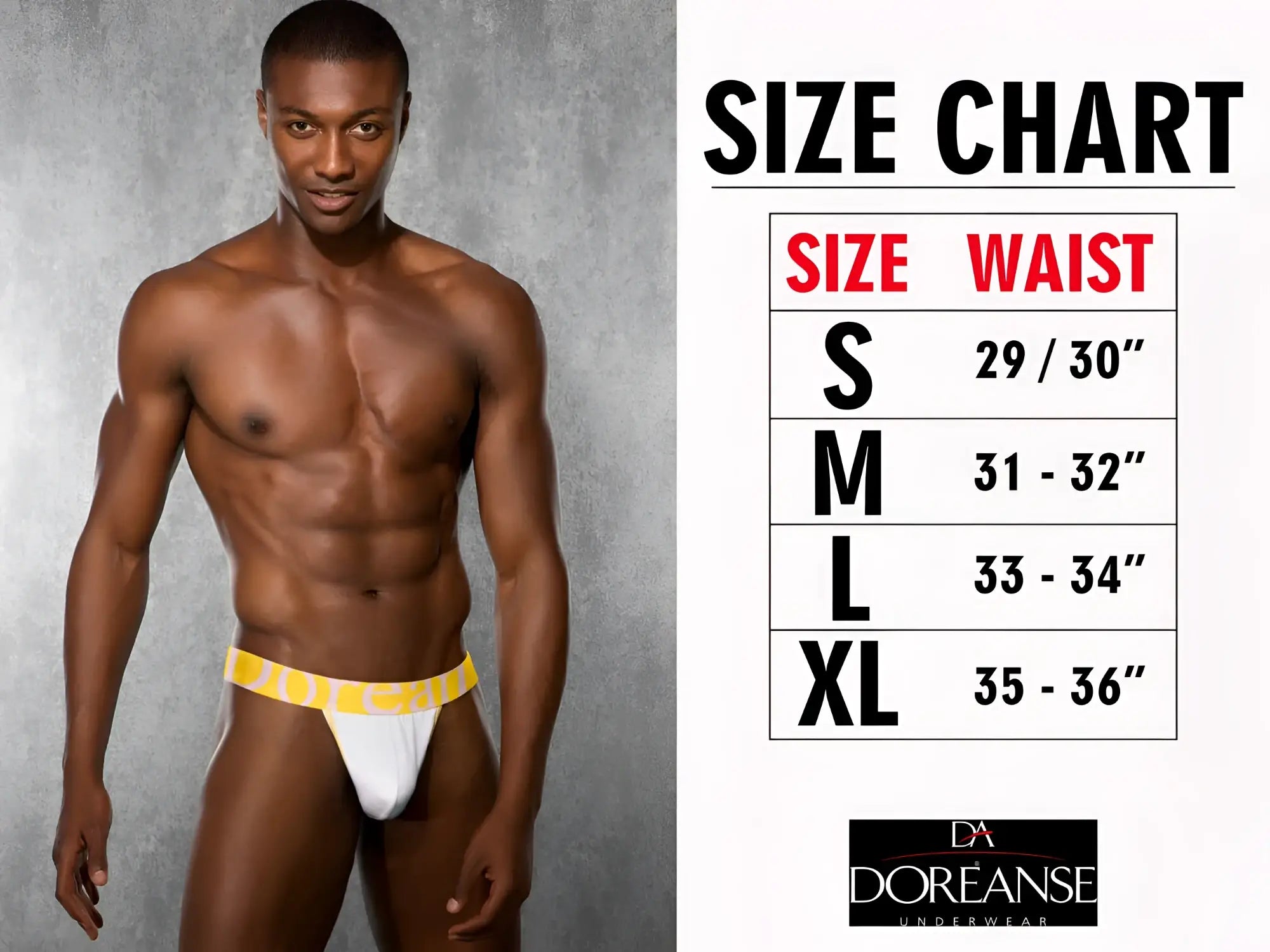 White briefs with bright yellow elastic waistband featuring doréanse branding in bold black lettering color black euro thong