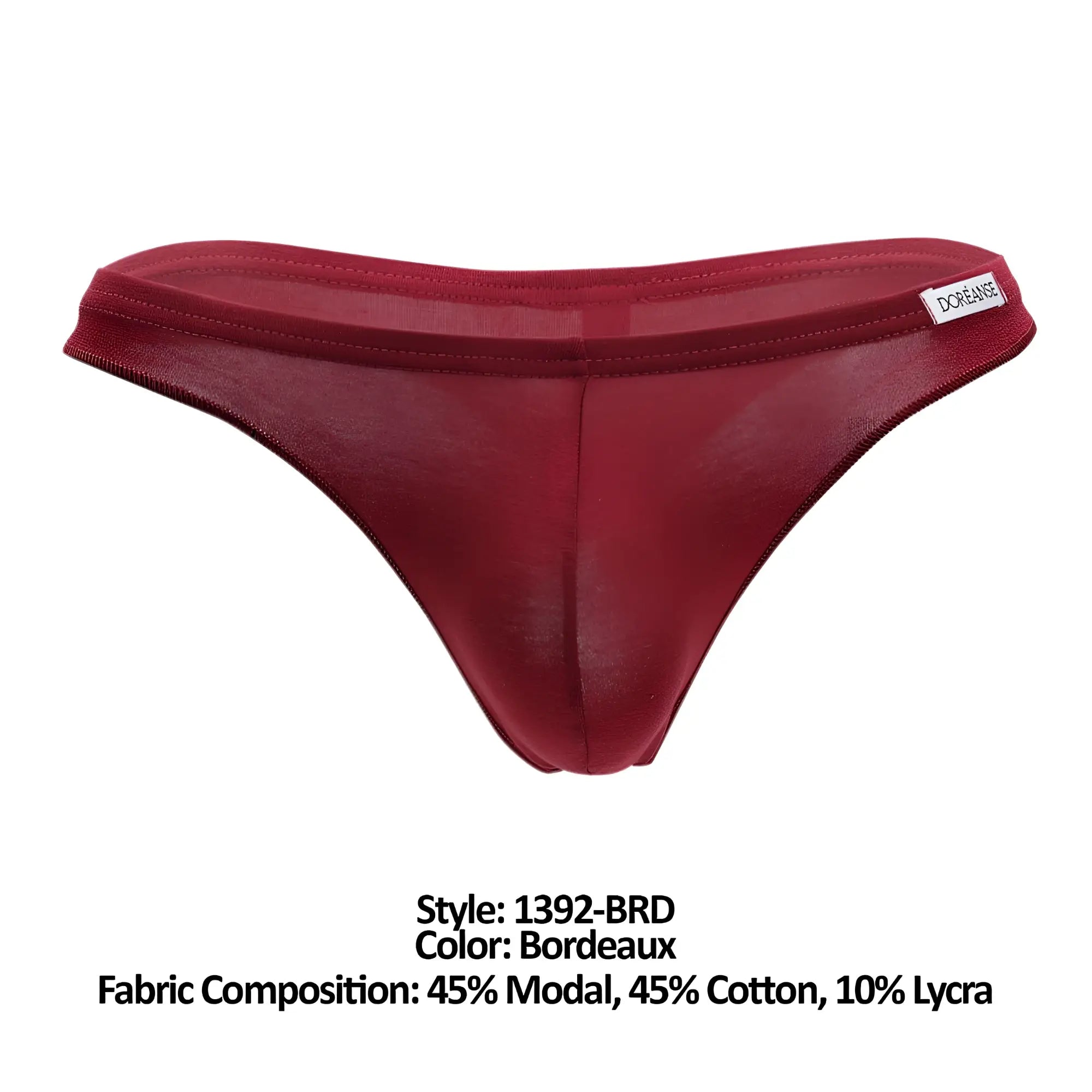 Bordeaux-colored doreanse 1392-brd euro thong with sheer mesh and smooth satin finish featuring a white brand tag