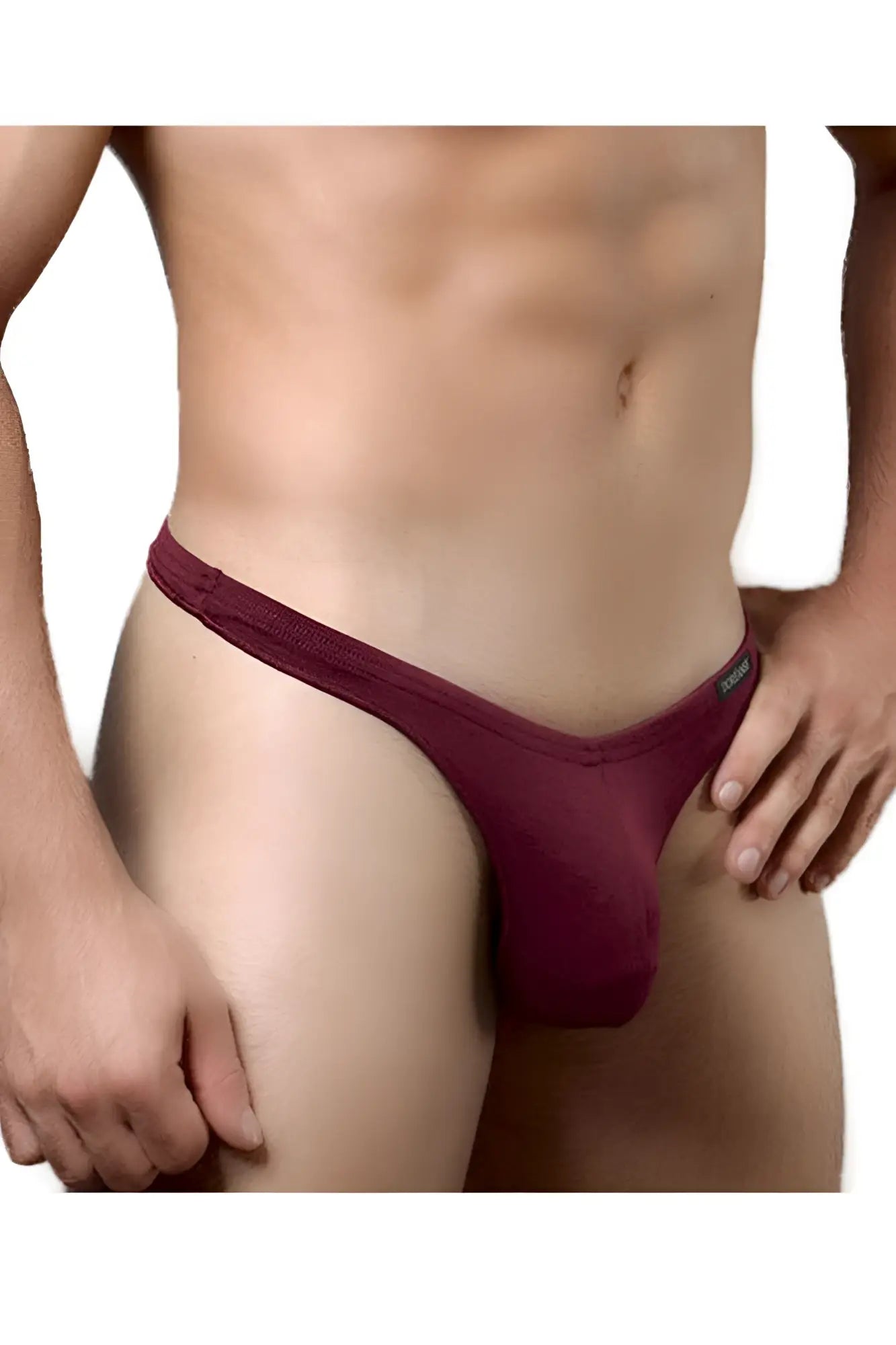 Maroon-colored form-fitting thong with smooth fabric and elastic waistband by doreanse euro thong color bordeaux back side