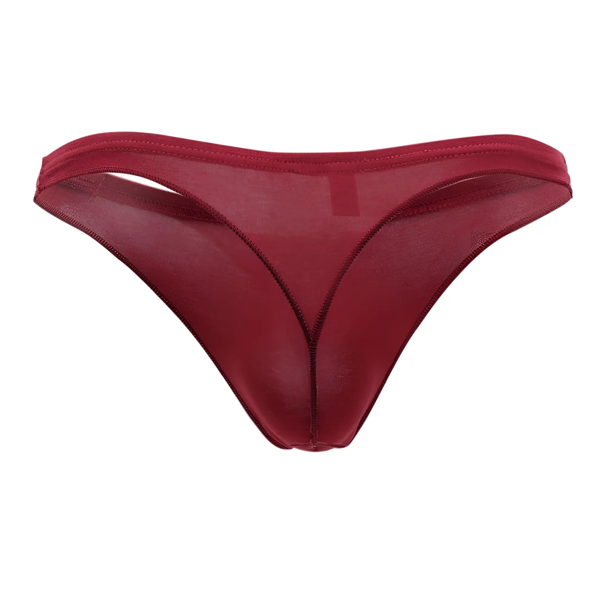 A sheer deep red euro thong by doreanse made of smooth glossy fabric with fine stitching in bordeaux color