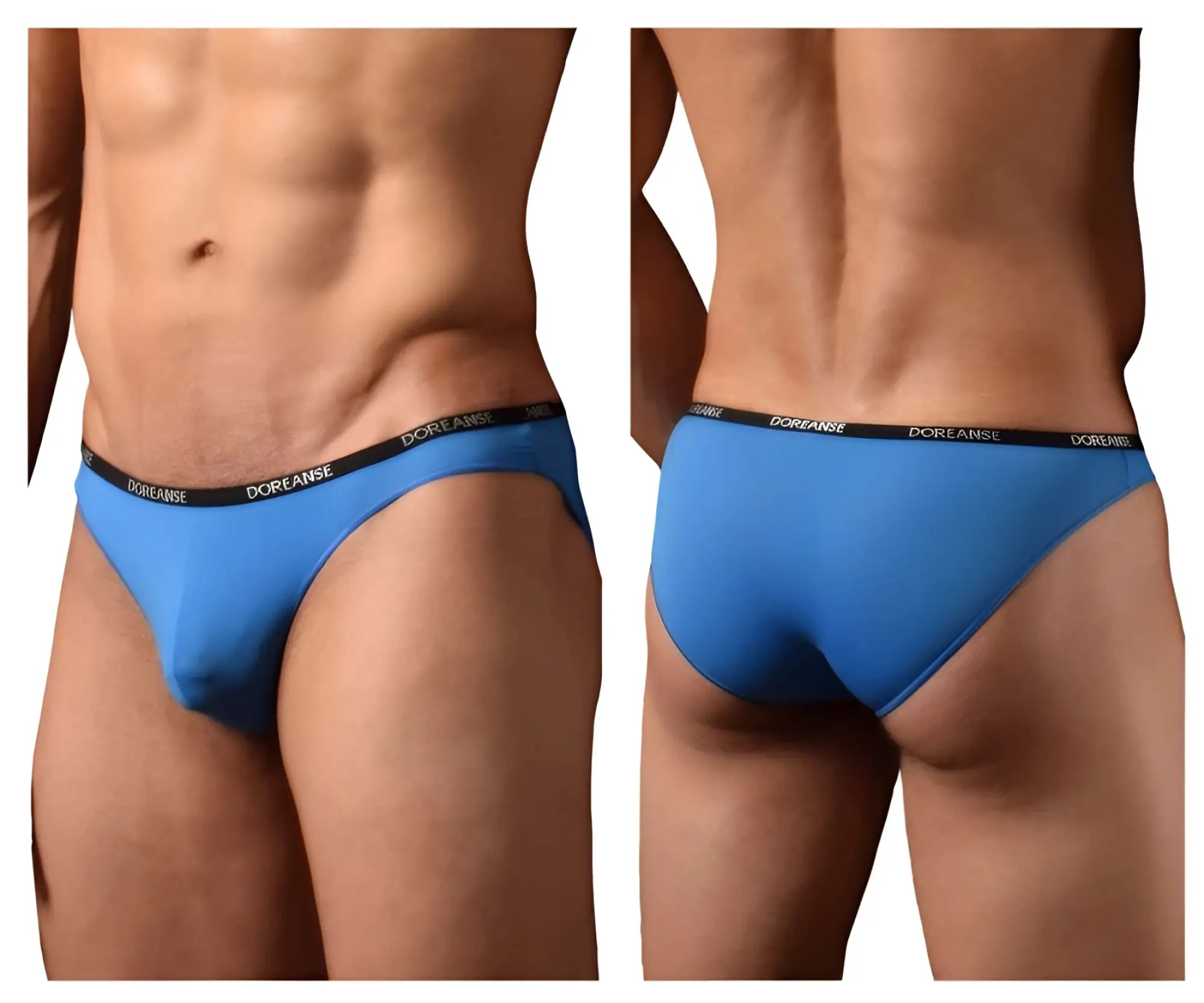 Blue doreanse briefs with a black elastic waistband featuring white doreanse branding in cobalt blue color