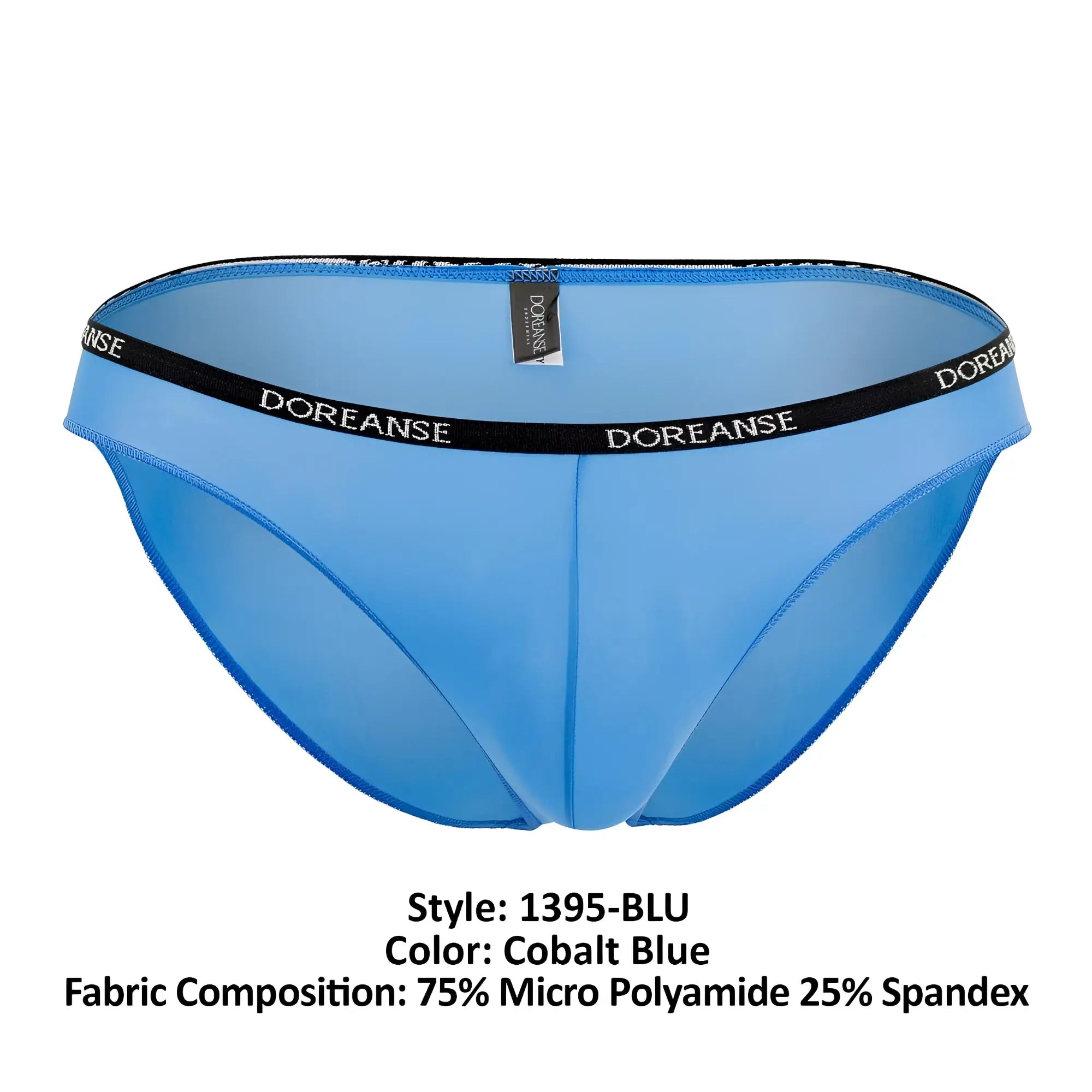 Doreanse 1395-BLU aire bikini cobalt blue briefs with black elastic waistband made of 75% micro polyamide 25% spandex