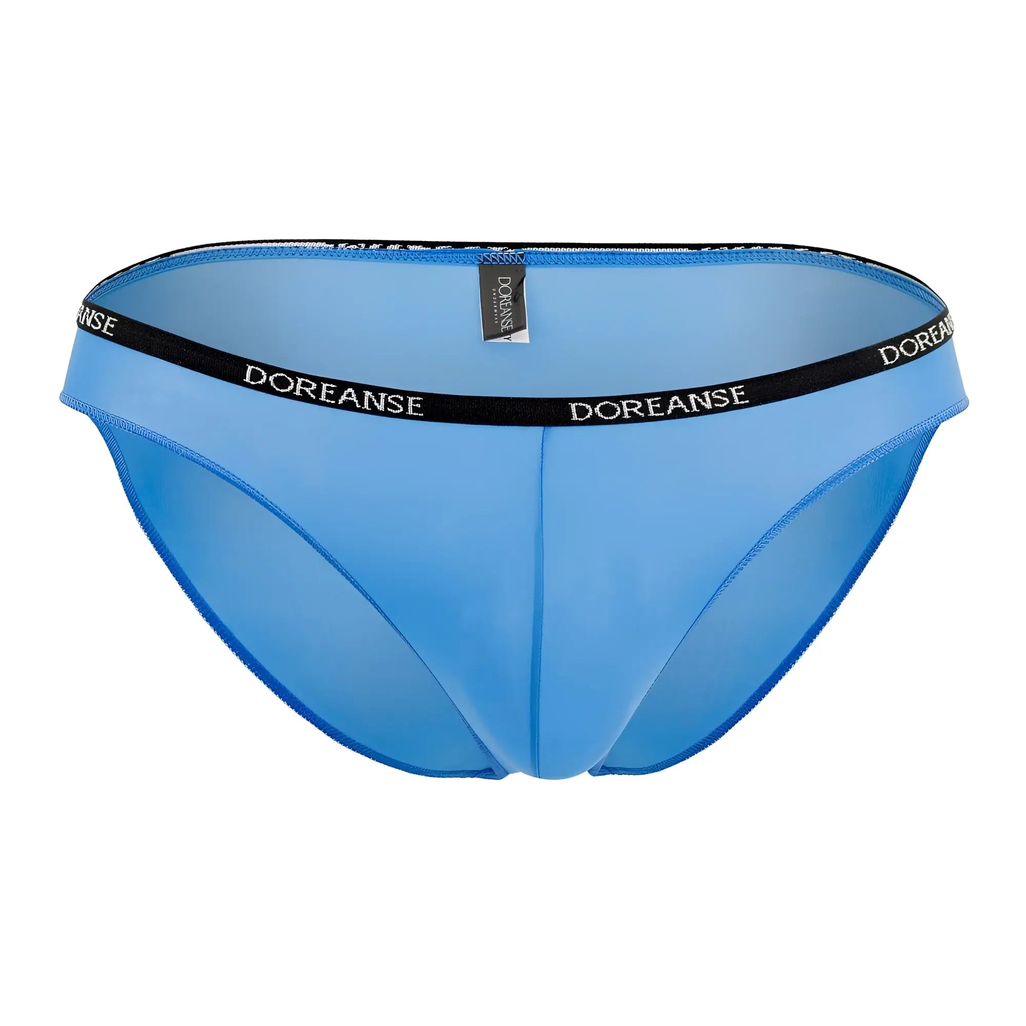 Light blue doreanse 1395-blu aire bikini briefs with black waistband featuring doreanse logo in white lettering