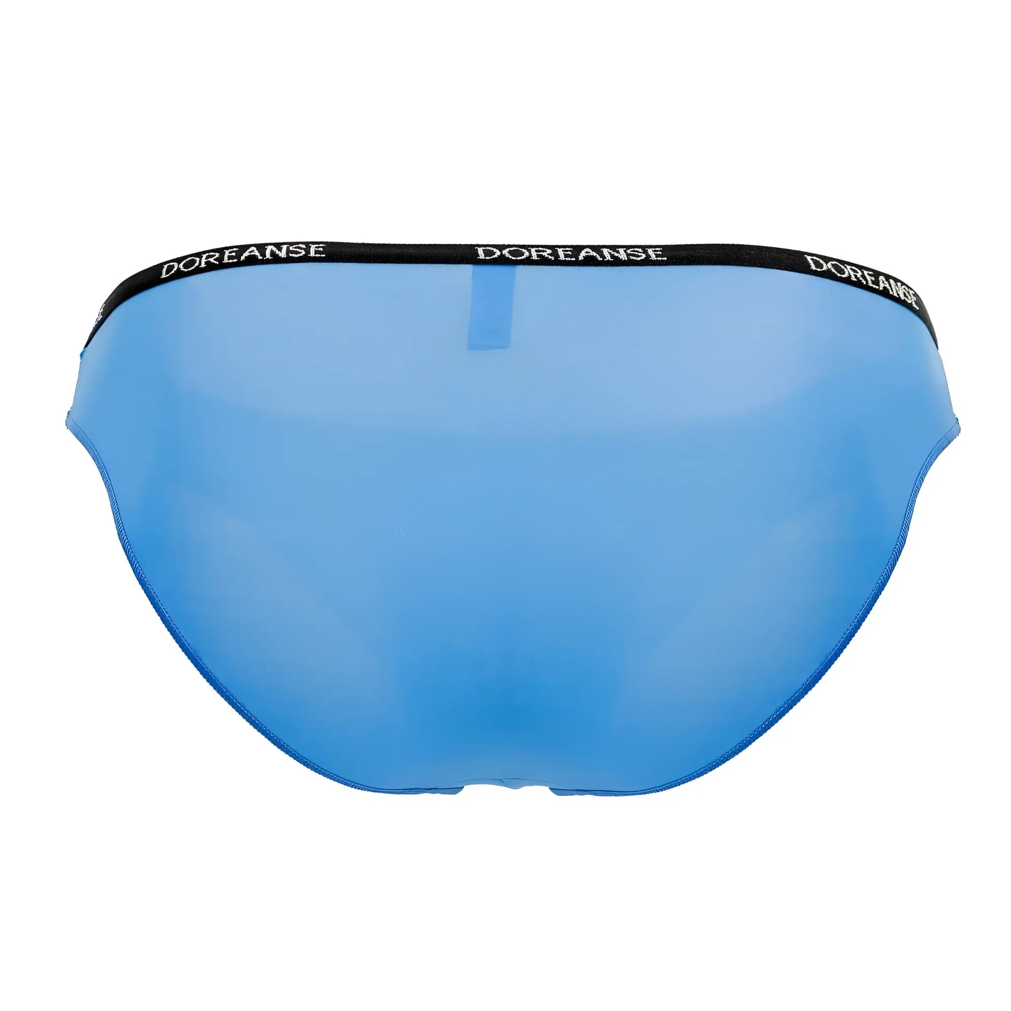 Blue translucent briefs with a black waistband featuring doreanse branding in white cobalt blue aire bikini style