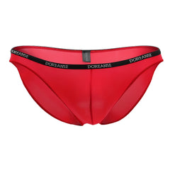 Red doreanse 1395-red aire bikini briefs with black waistband and white brand name lettering in front view