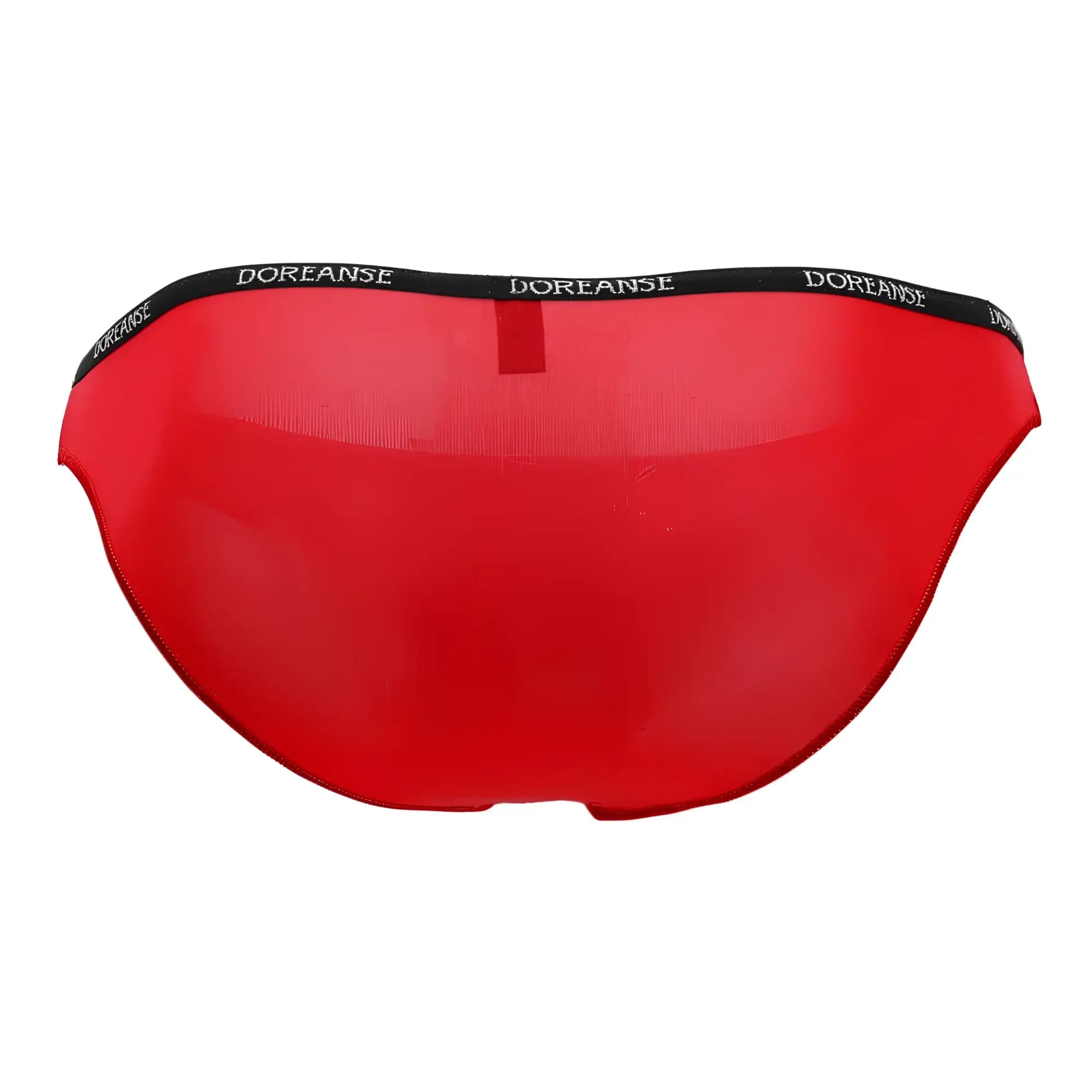 Red doreanse 1395-red aire bikini briefs with black waistband and white brand name lettering in front view