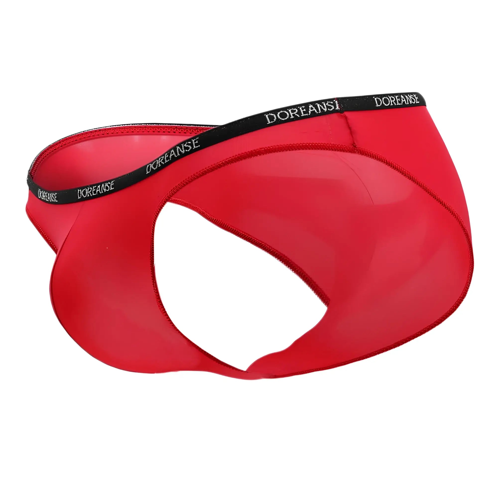 Red doreanse 1395 briefs with glossy finish and black elastic waistband featuring brand name in red color