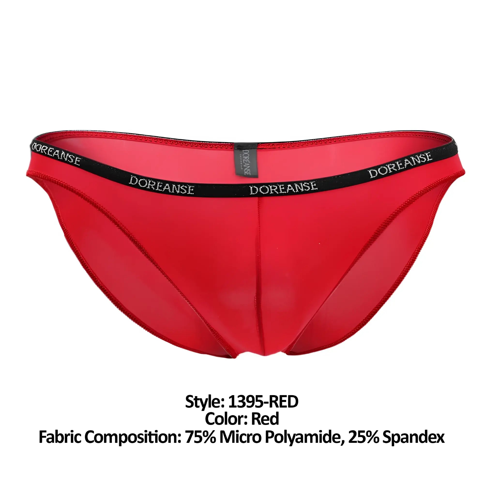 Red doreanse 1395-RED aire bikini briefs with black waistband featuring white brand name made of 75% micro polyamide and 25% spandex