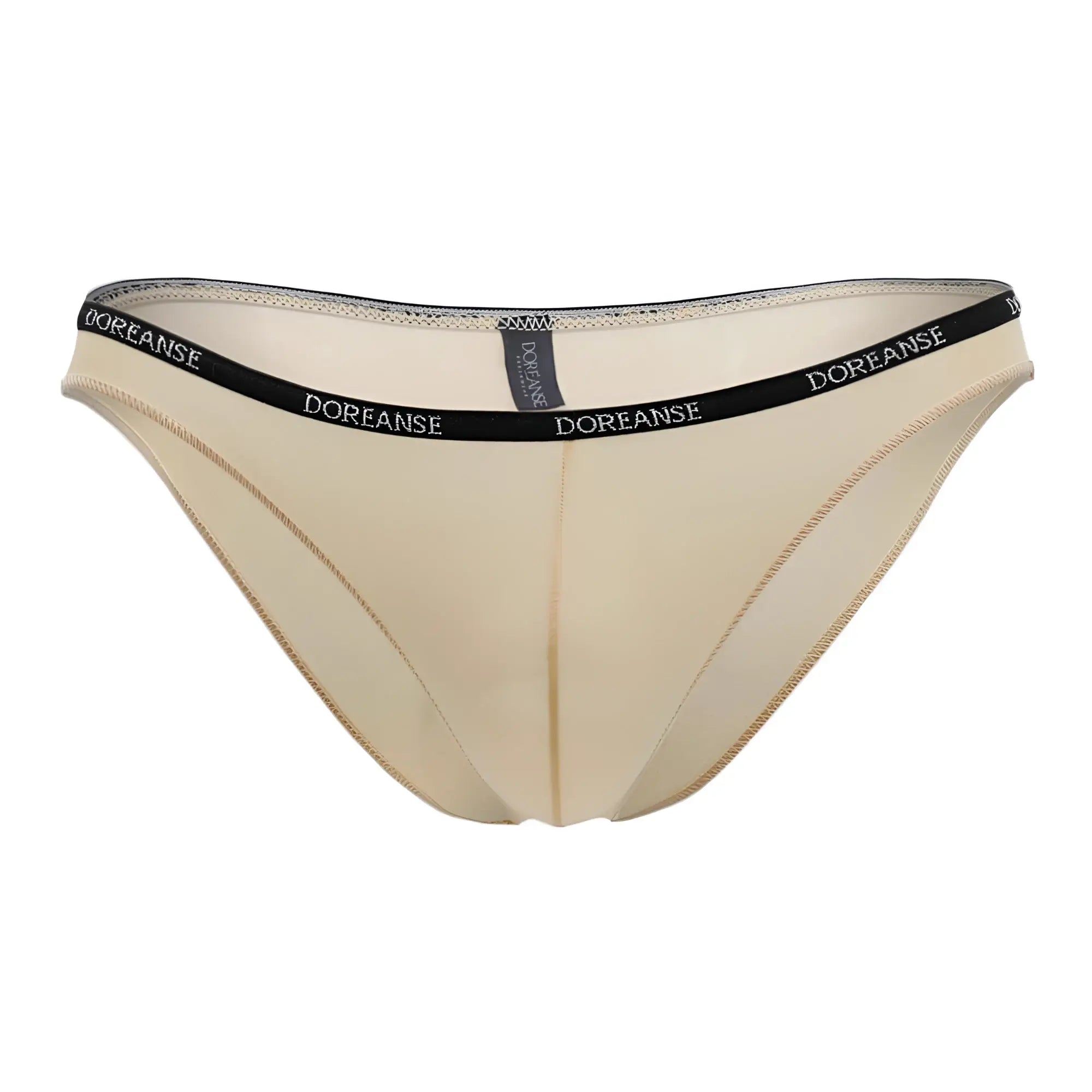 Beige doreanse 1395-tan aire bikini briefs with black elastic waistband featuring repeating logo text