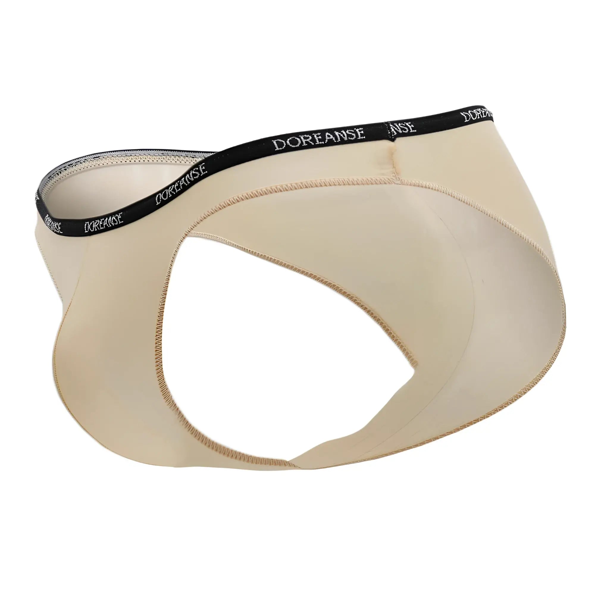 Beige doreanse 1395-tan aire bikini briefs with black waistband featuring white doreanse lettering in tan color