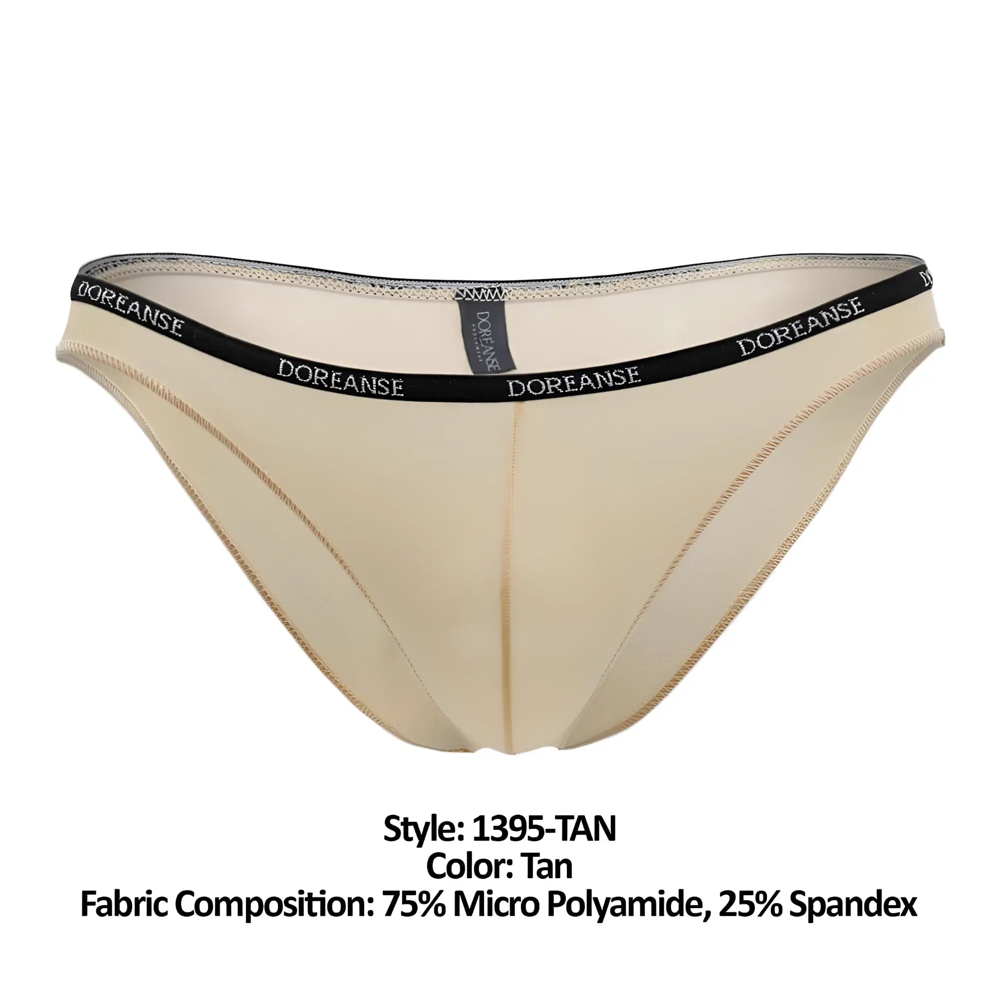 Tan doreanse 1395-TAN aire bikini briefs in tan micro polyamide and spandex with black waistband and white logo