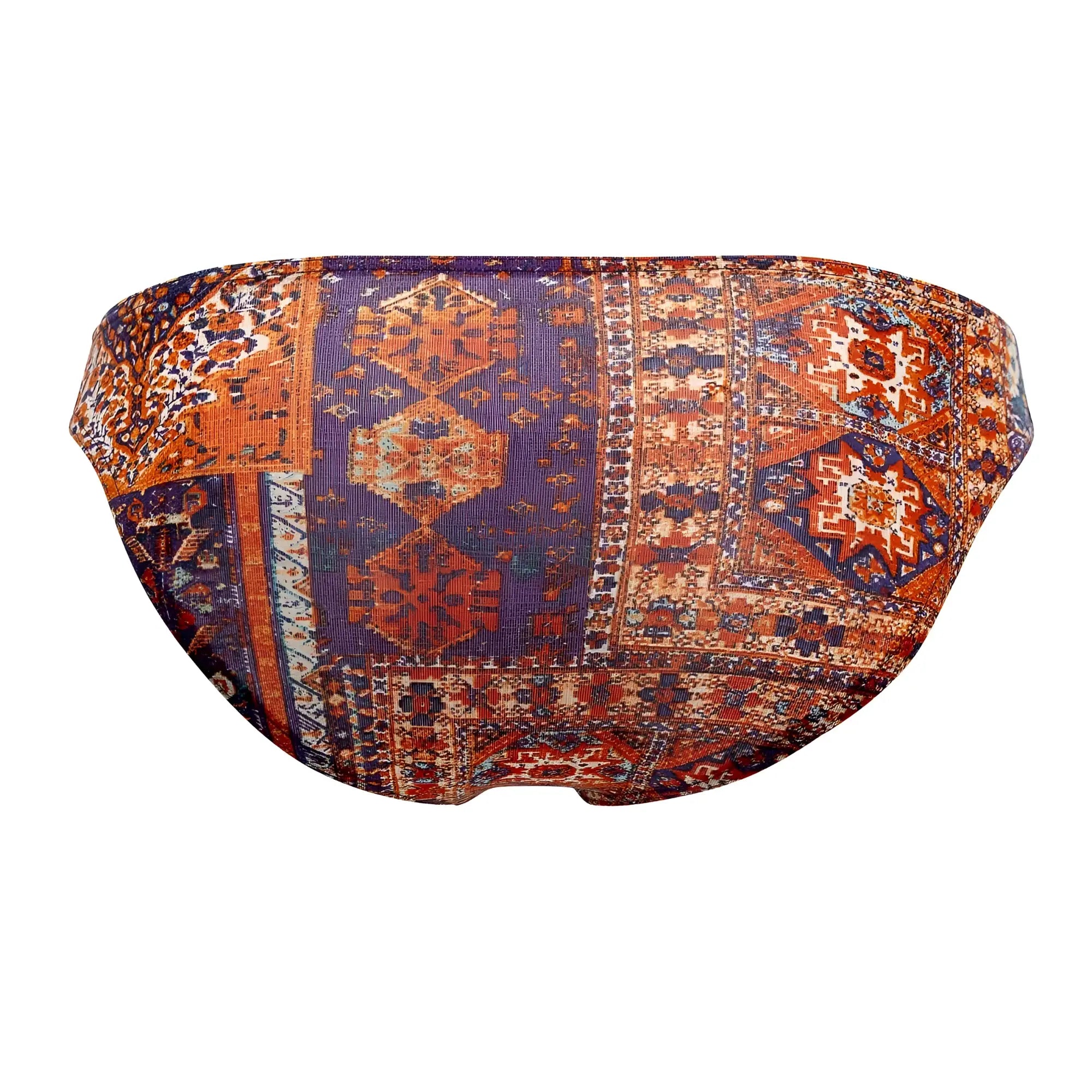 A pair of doreanse 1403-prn persian briefs bikini bottoms with vibrant patchwork geometric and floral patterns in orange purple and brown
