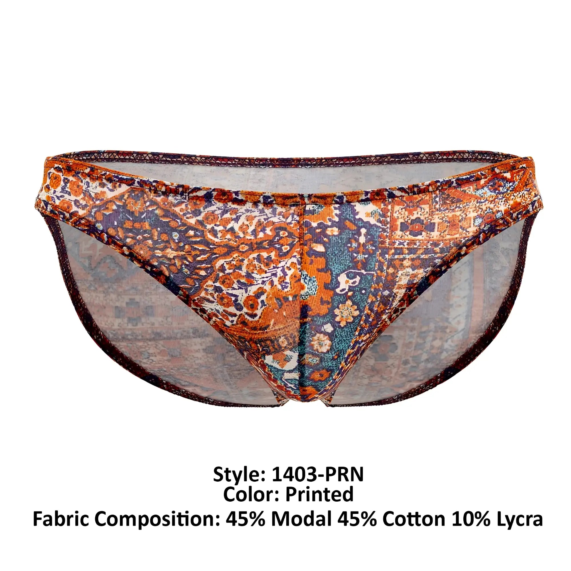 Printed patterned briefs with orange blue and brown paisley designs on sheer mesh fabric doreanse 1403-prn persian briefs