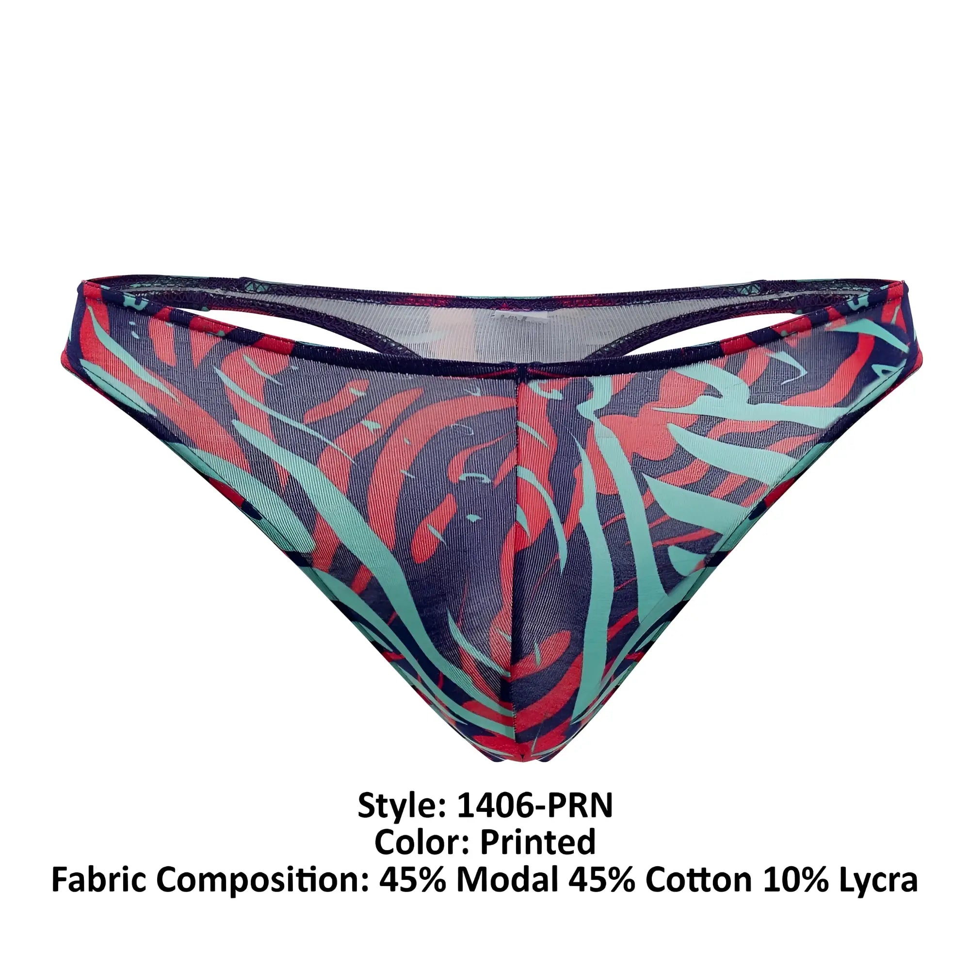 Doreanse 1406-prn submarine thongs color printed sheer mesh brief with bold red and teal abstract pattern on dark base
