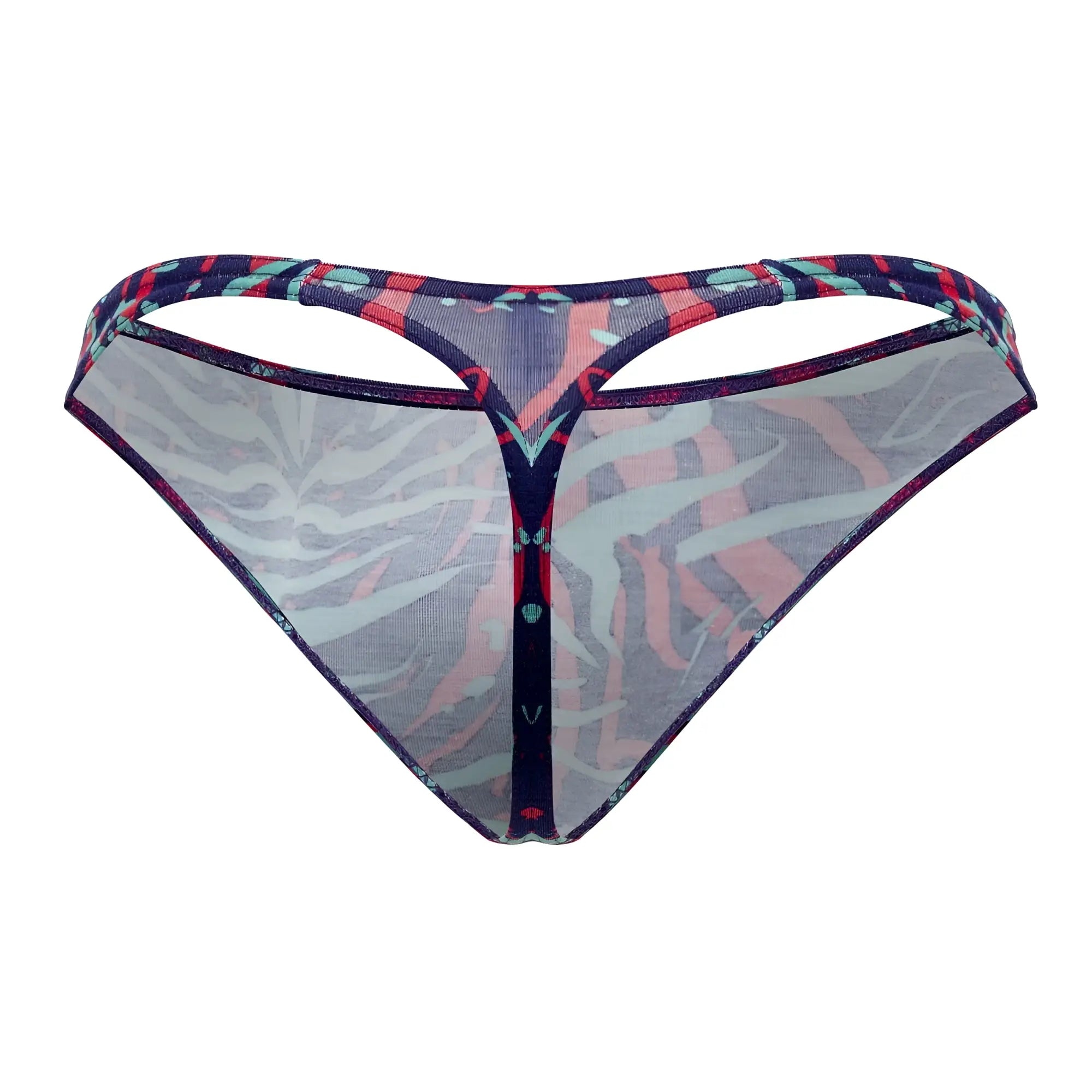 Doreanse 1406-PRN submarine thong in sheer patterned fabric with vibrant red and blue geometric waistband design