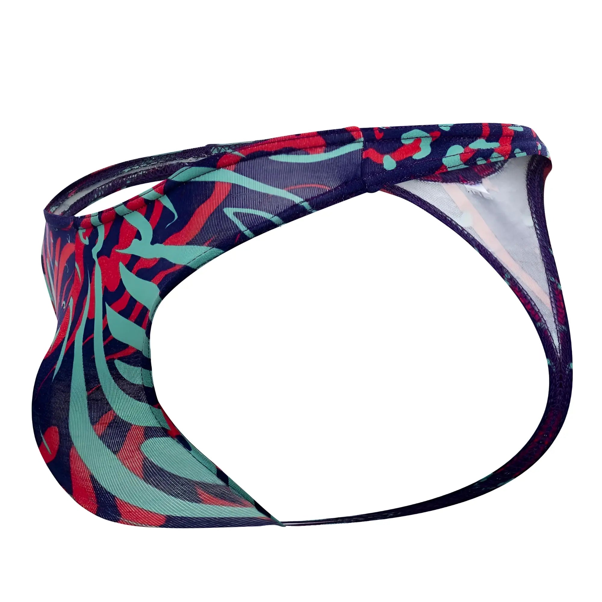 A vibrant navy blue Doreanse 1406-PRN submarine men’s thong with bold red and teal abstract leaf patterns