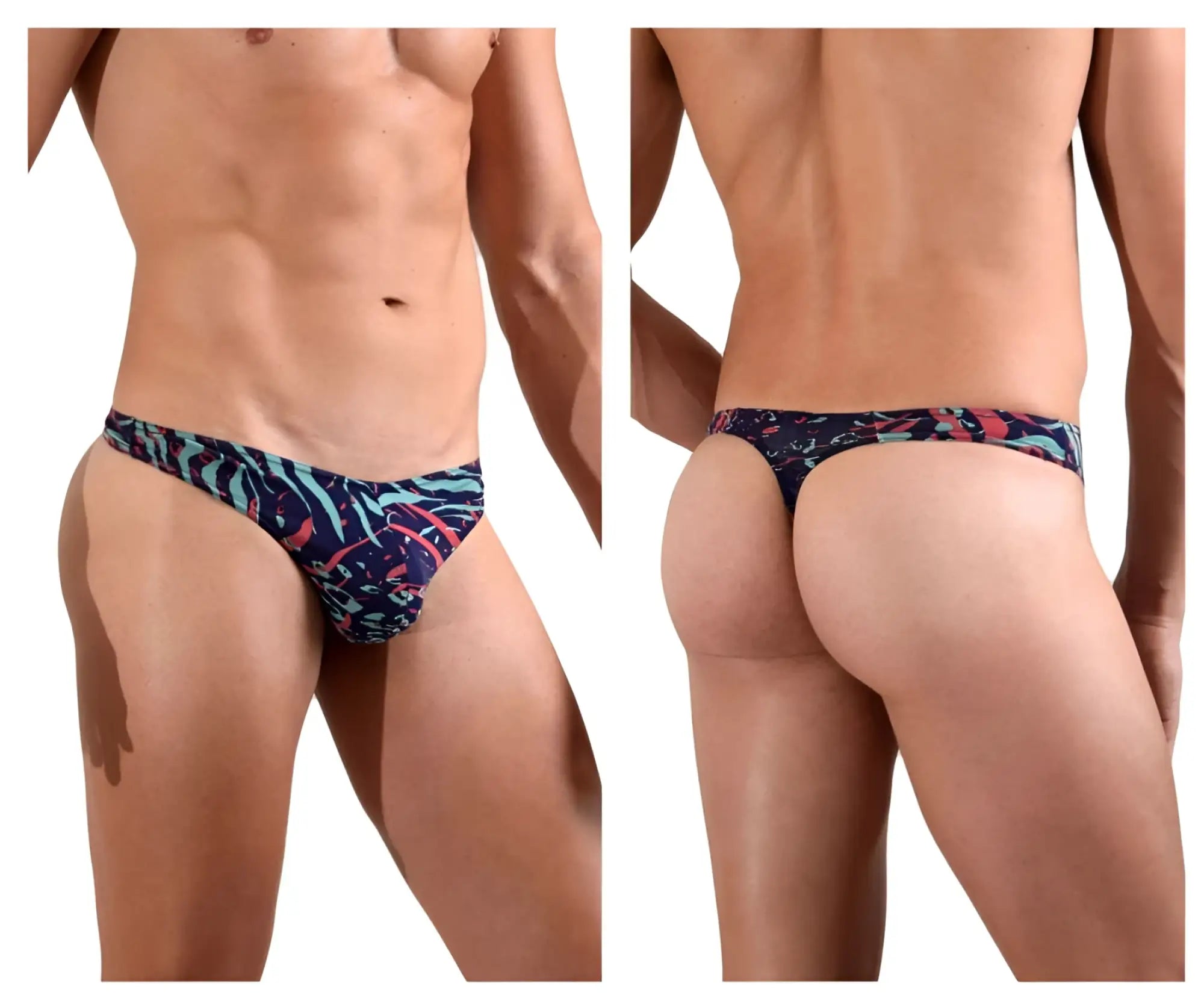 Doreanse 1406-prn submarine thong in vibrant tropical leaf pattern with navy blue teal and pink colors