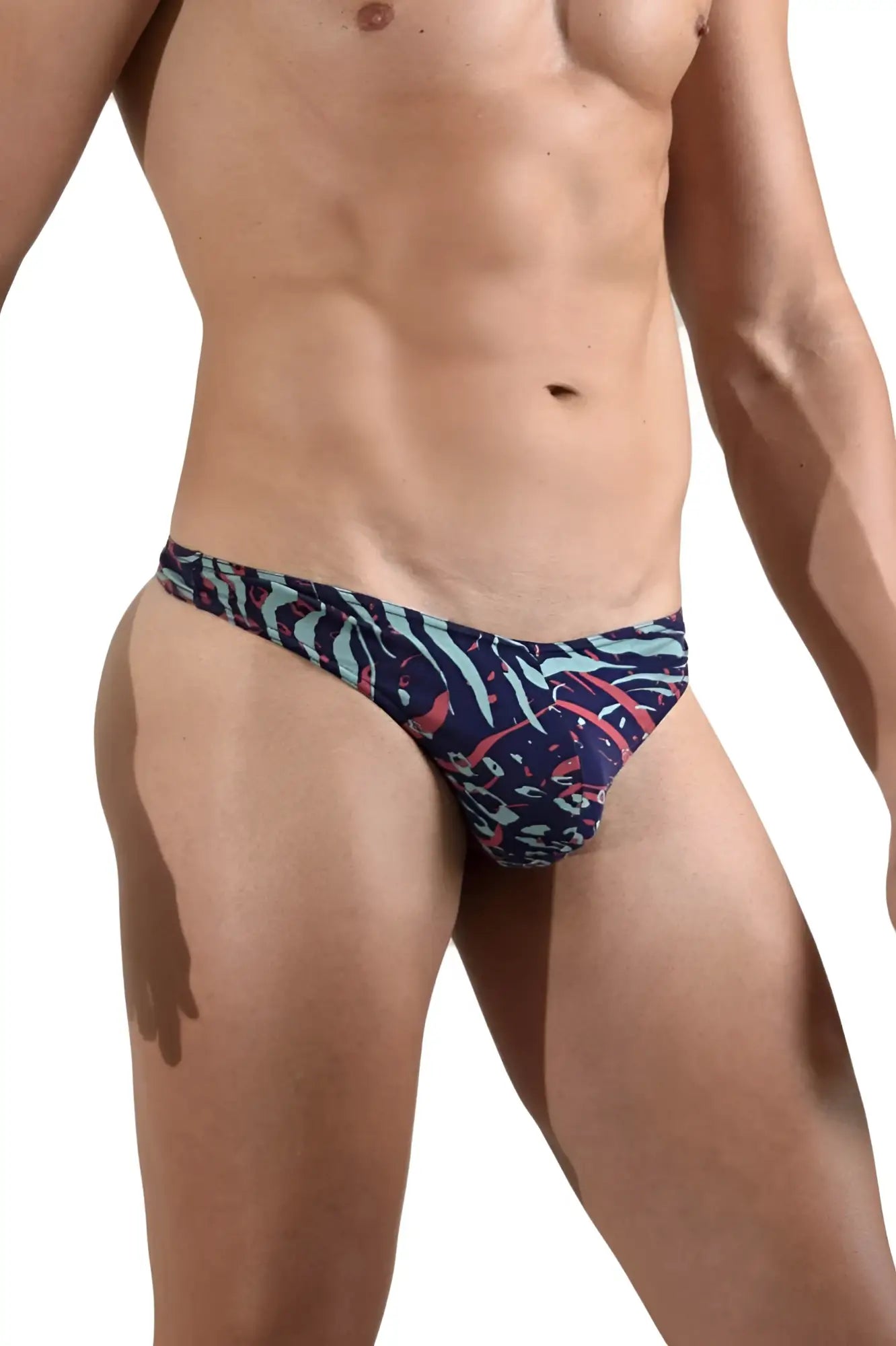 Doreanse 1406-prn submarine thongs vibrant tropical print in navy teal and coral men’s brief underwear