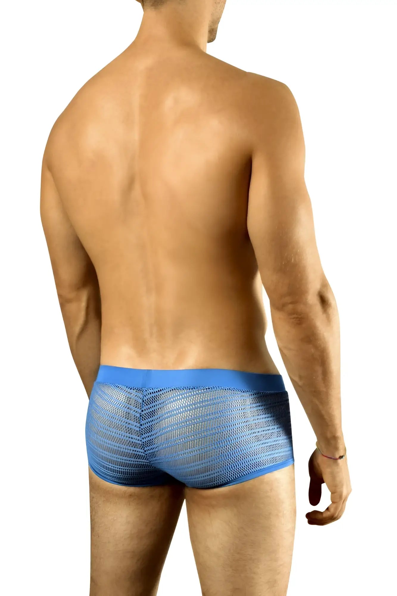 Blue mesh briefs with a solid blue waistband doreanse 1588-blu mesh trunk color blue front side view