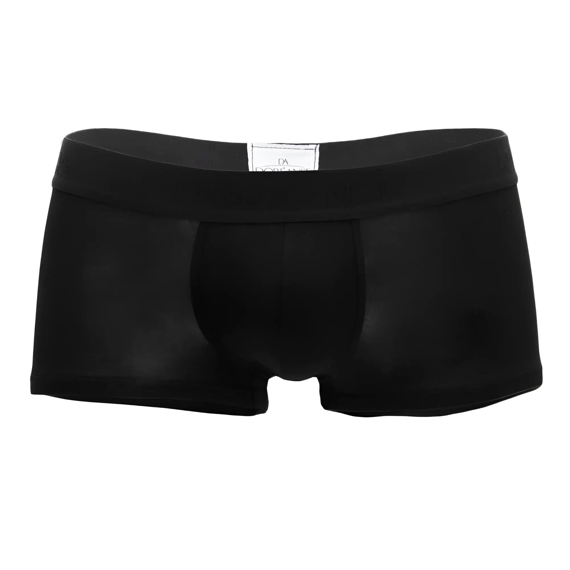 Black men’s Doreanse 1760-BLK low-rise trunk briefs in smooth black fabric with elastic waistband and form-fitting design