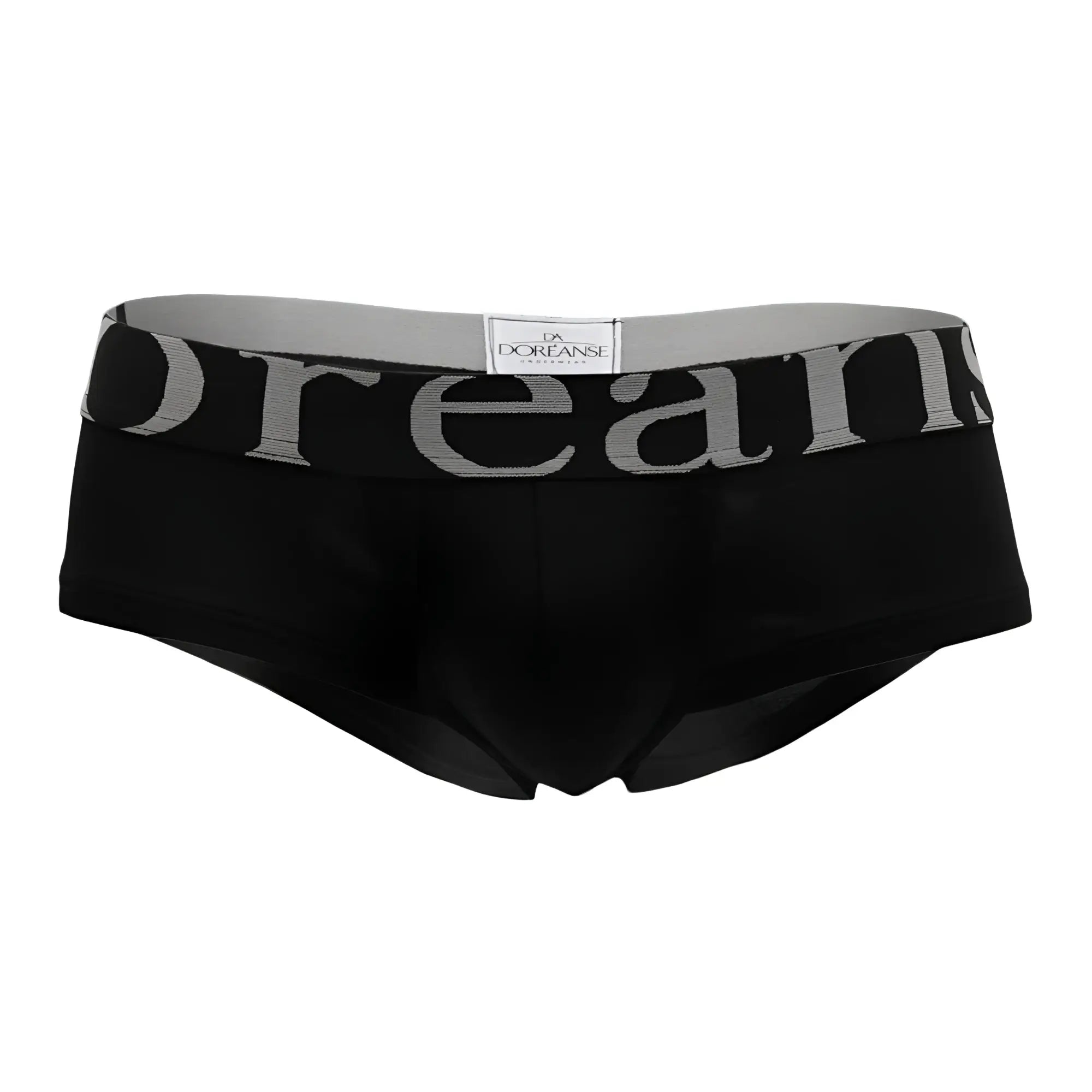 Black doreanse 1779 pouch mini trunk briefs with gray elastic waistband and dream lettering in bold stylized font