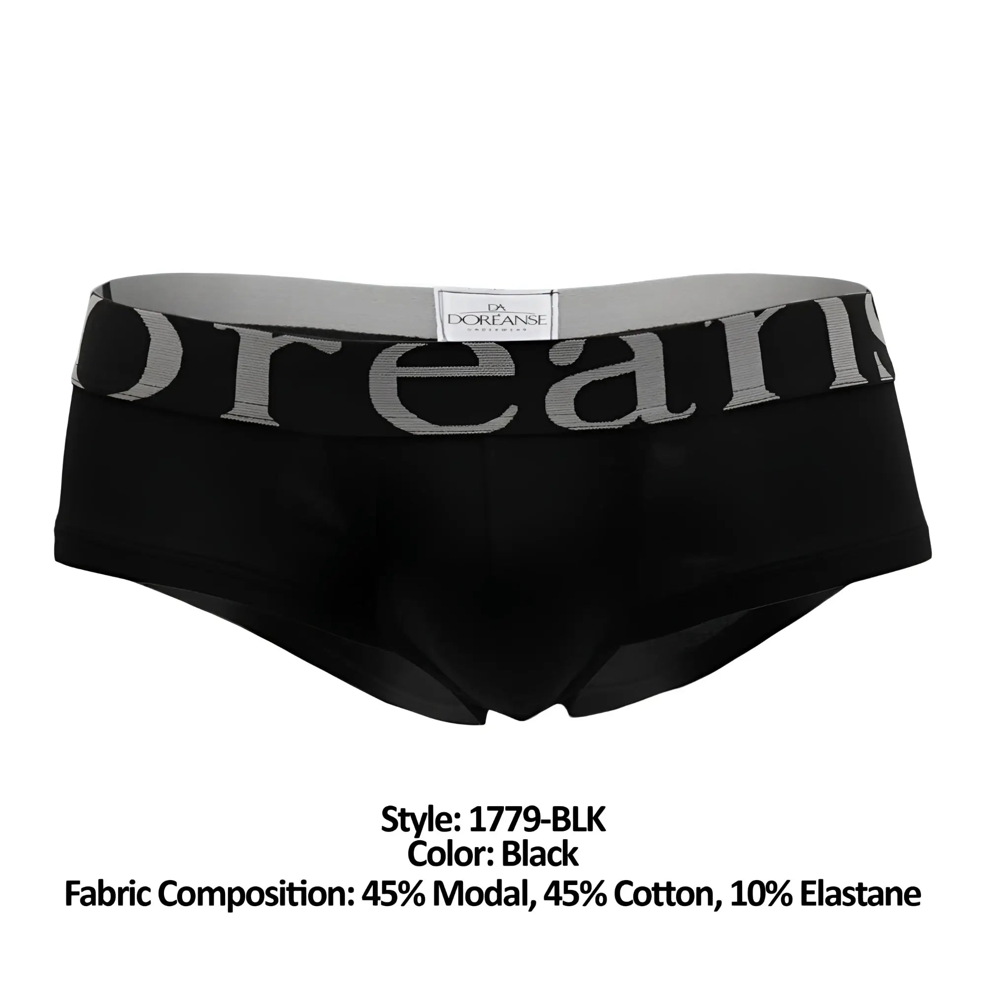 Black mens briefs doreanse 1779-blk with gray elastic waistband featuring bold doreanse branding in black color