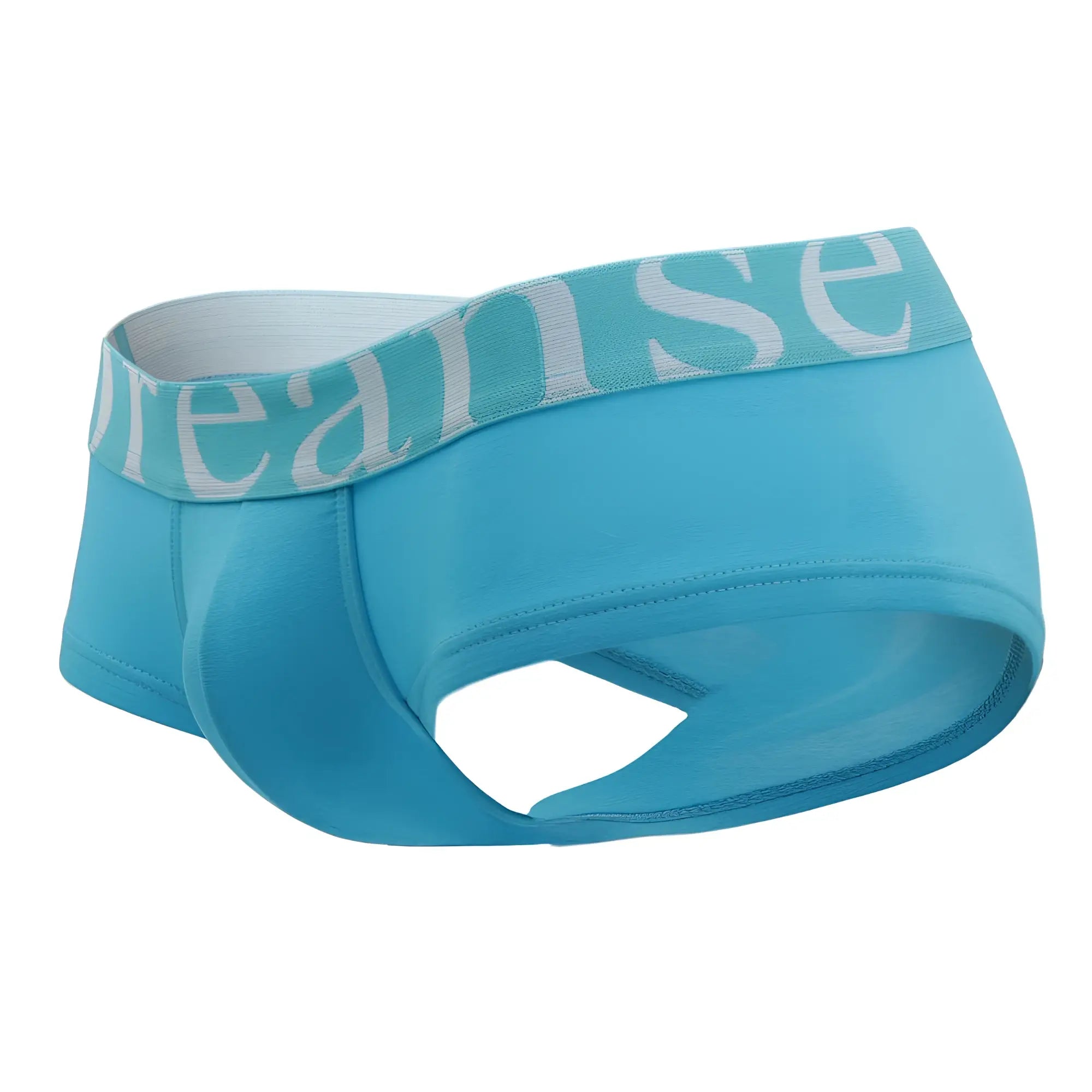 Light blue doreanse 1779-trq pouch mini trunk briefs with elastic waistband featuring dread in white lettering