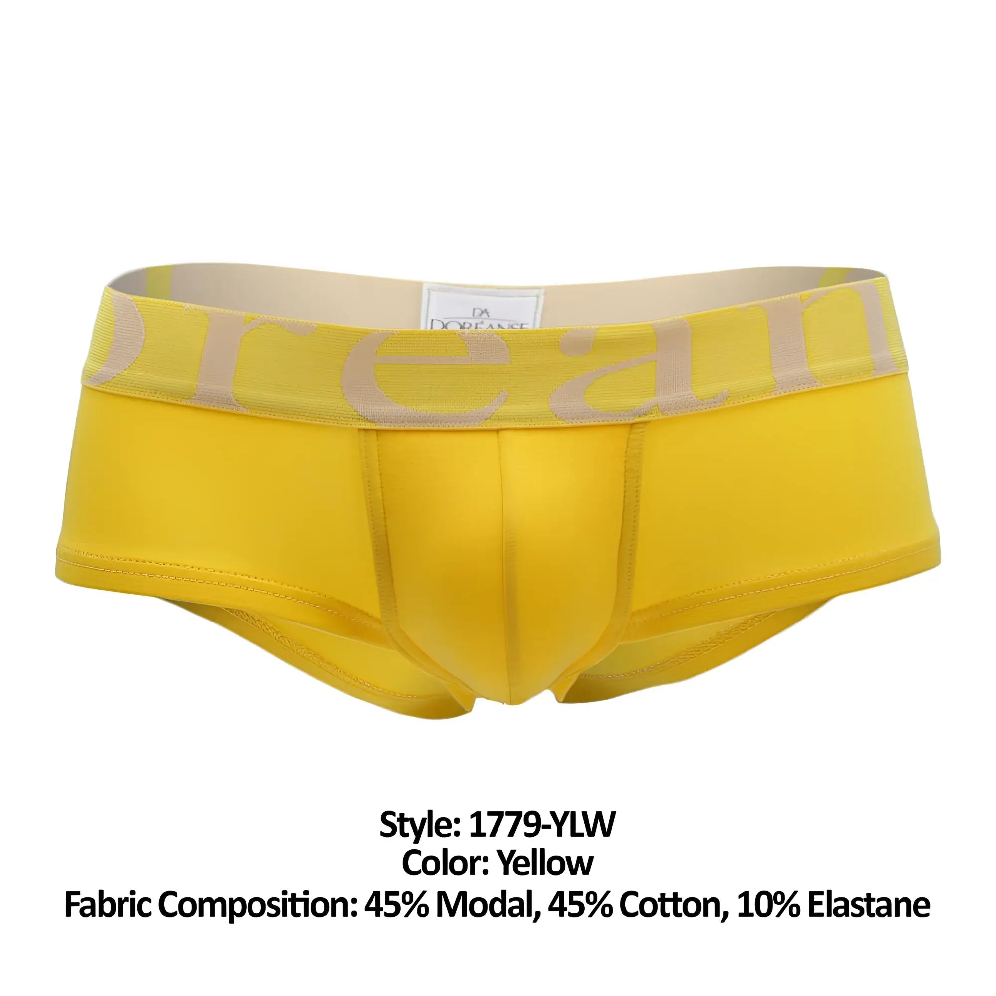 Bright yellow doreanse 1779-ylw pouch mini trunk briefs with beige dream logo band and fabric composition label