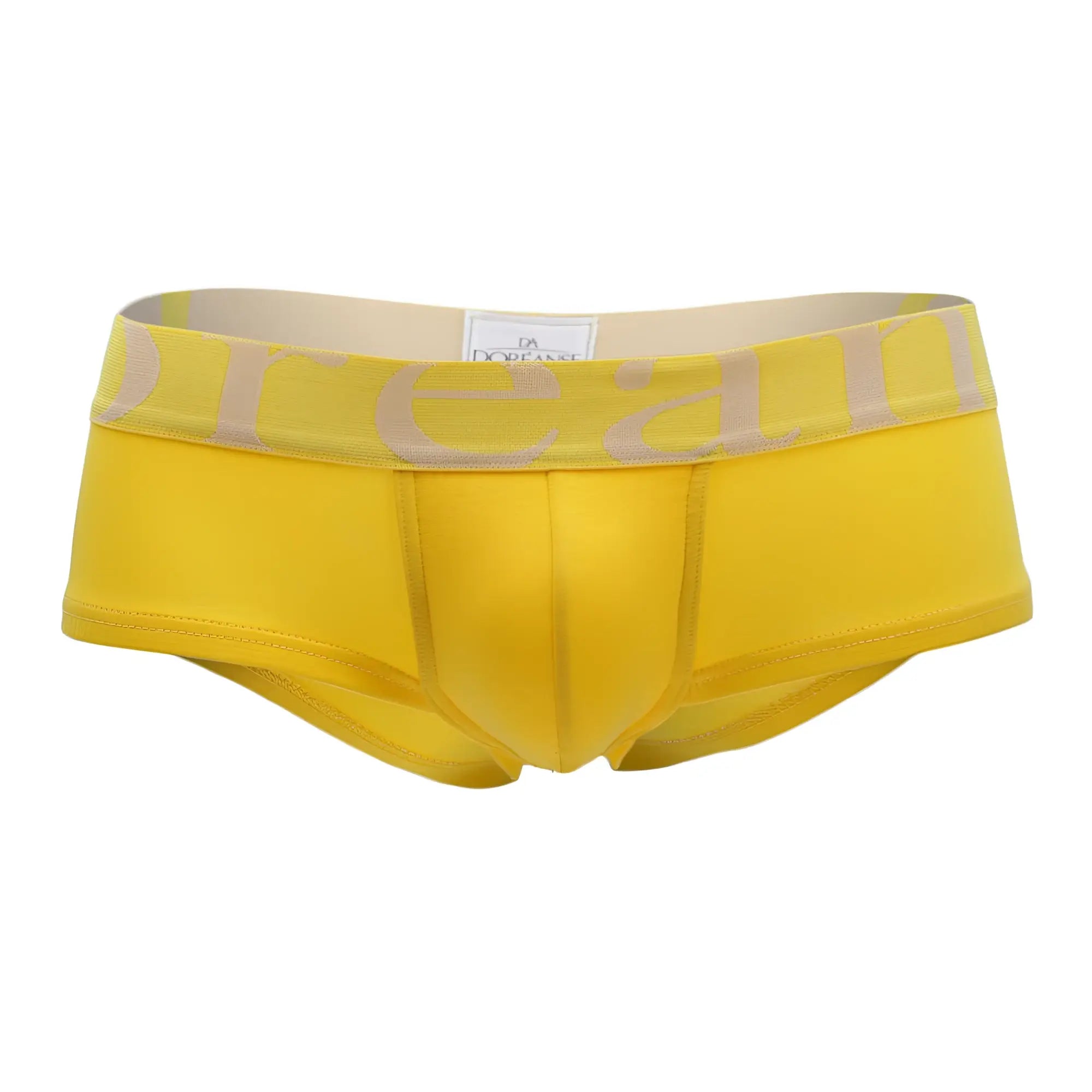 Bright yellow doreanse 1779-ylw men’s pouch mini trunks with beige elastic waistband and dream lettering in light tan