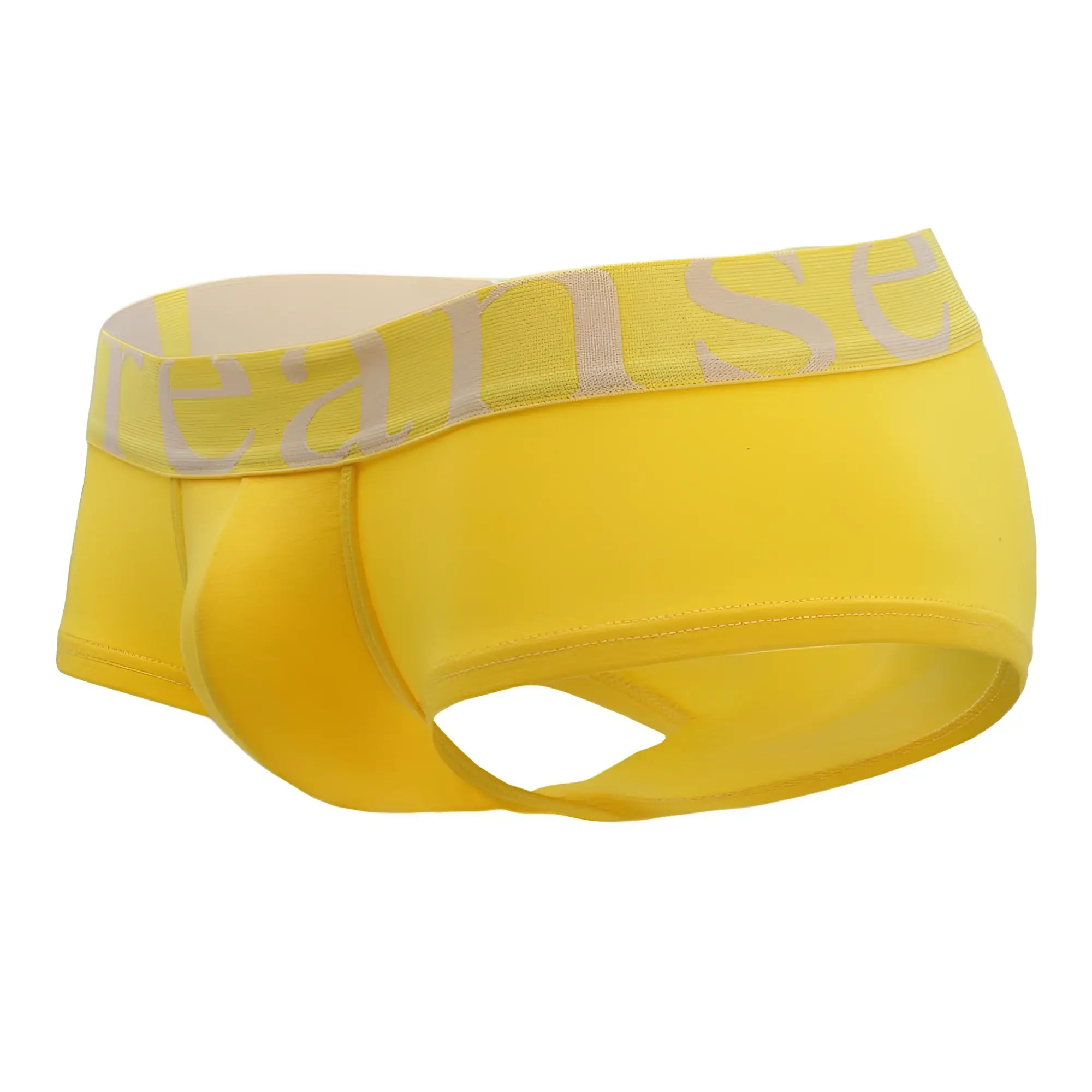 Bright yellow doreanse 1779-ylw men’s pouch mini trunk briefs with light gray reanse logo waistband
