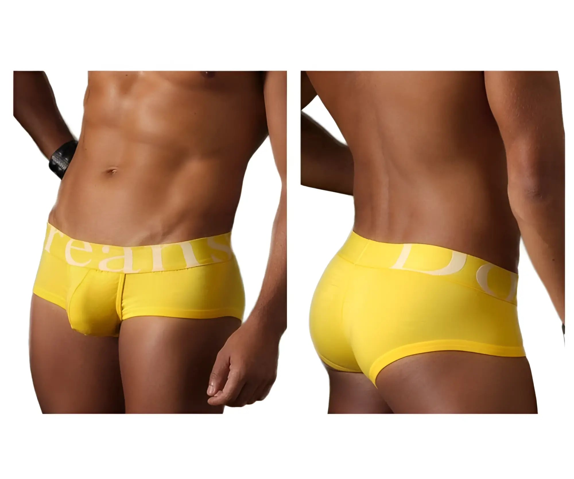 Bright yellow doreanse 1779-ylw pouch mini trunk men’s briefs with white jeans logo on the waistband