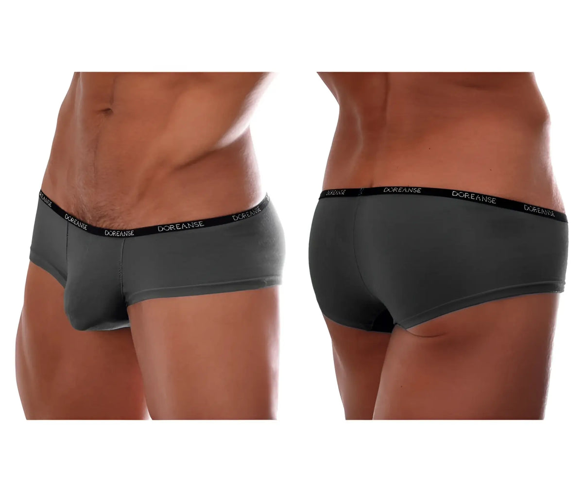 Dark gray doreanse 1781-smk naked mini trunk briefs with black elastic waistband and white brand lettering in smoke color