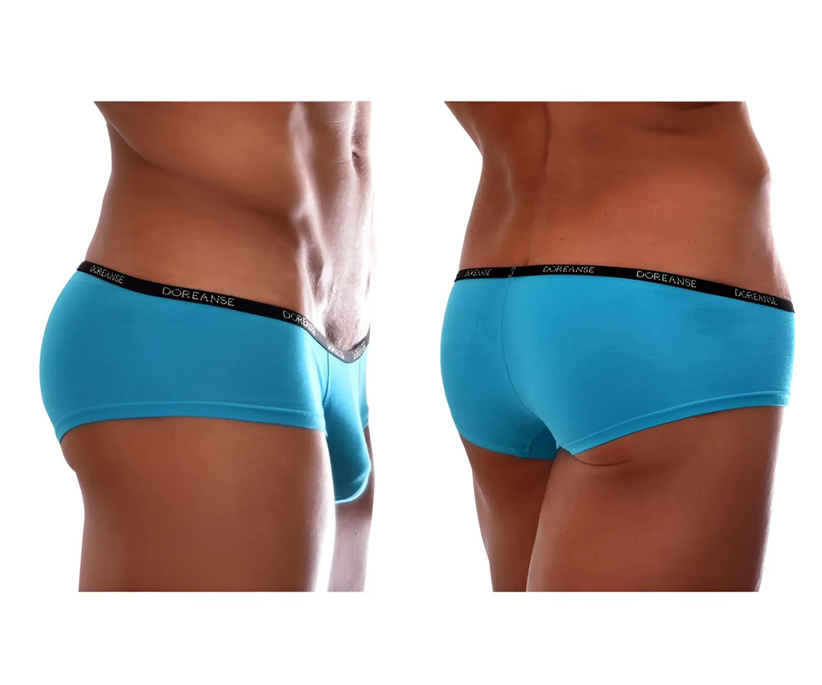 Bright blue doreanse 1781-trq naked mini trunk briefs with black elastic waistband and white brand lettering