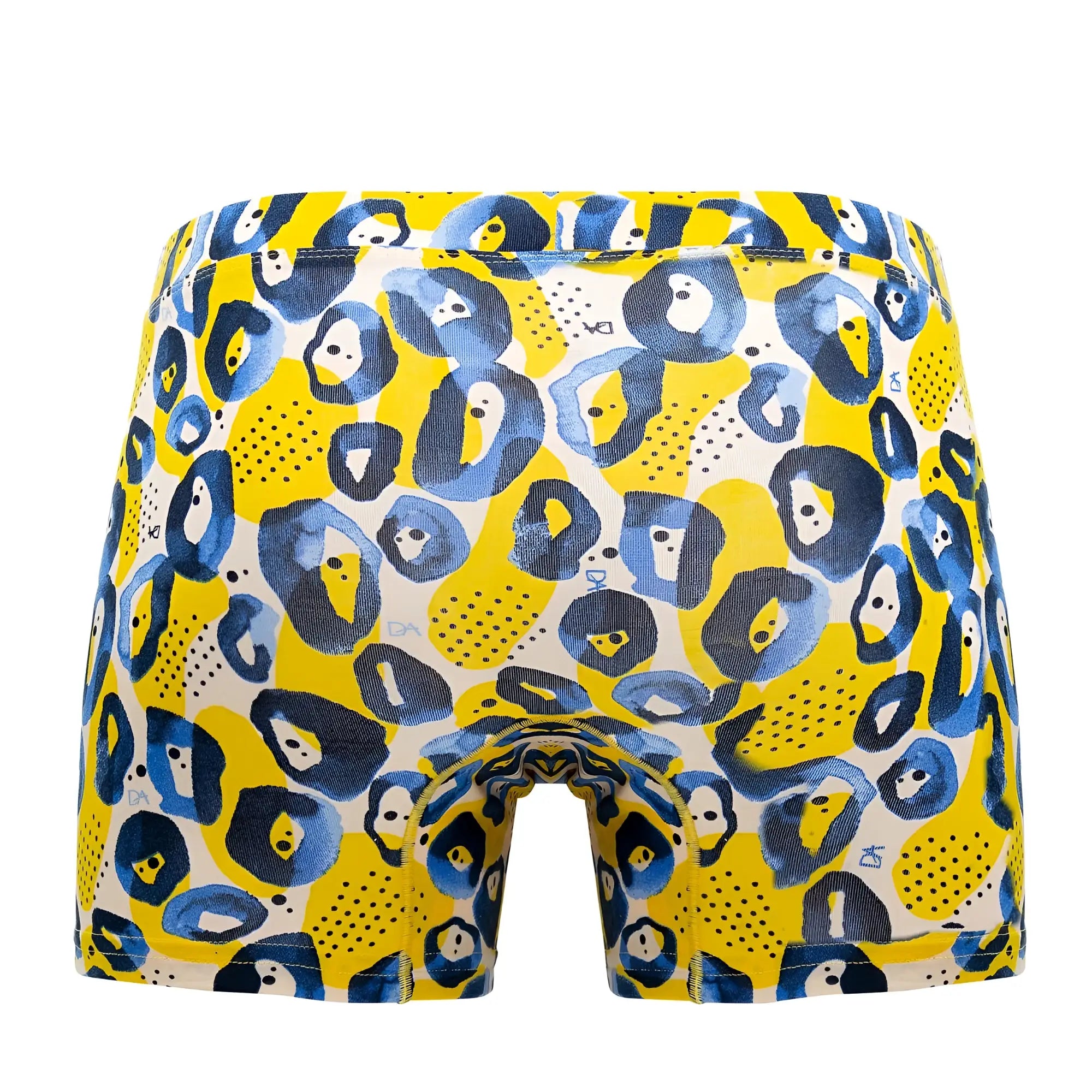 Doreanse 1799-PRN leopard art boxer briefs in bright yellow and navy blue with a playful leopard print pattern