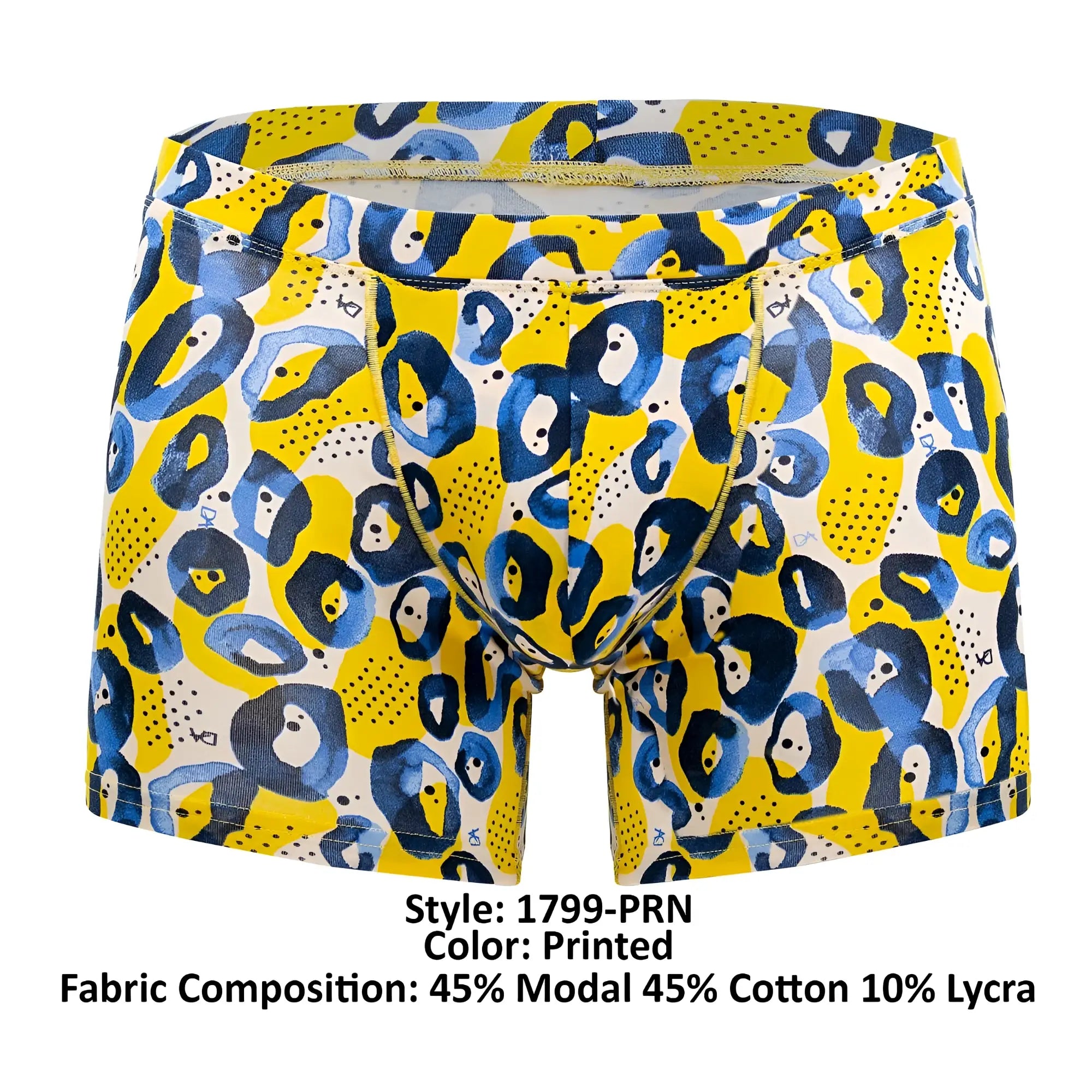 Doreanse 1799-PRN leopard art boxer briefs in bright yellow and navy blue modal cotton lycra blend